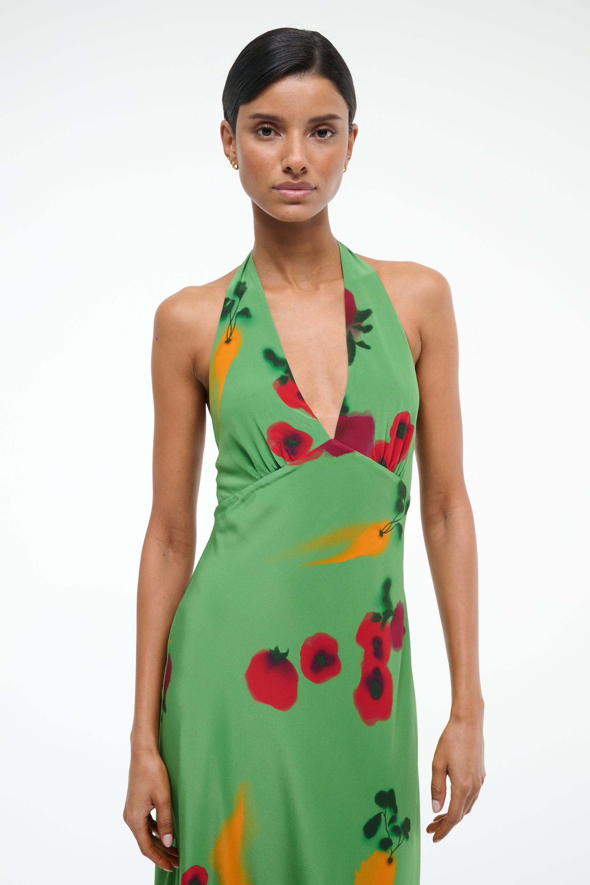 Silk Halter V-Neck Dress with Back Tie | Lucca Farmers Market Leaf