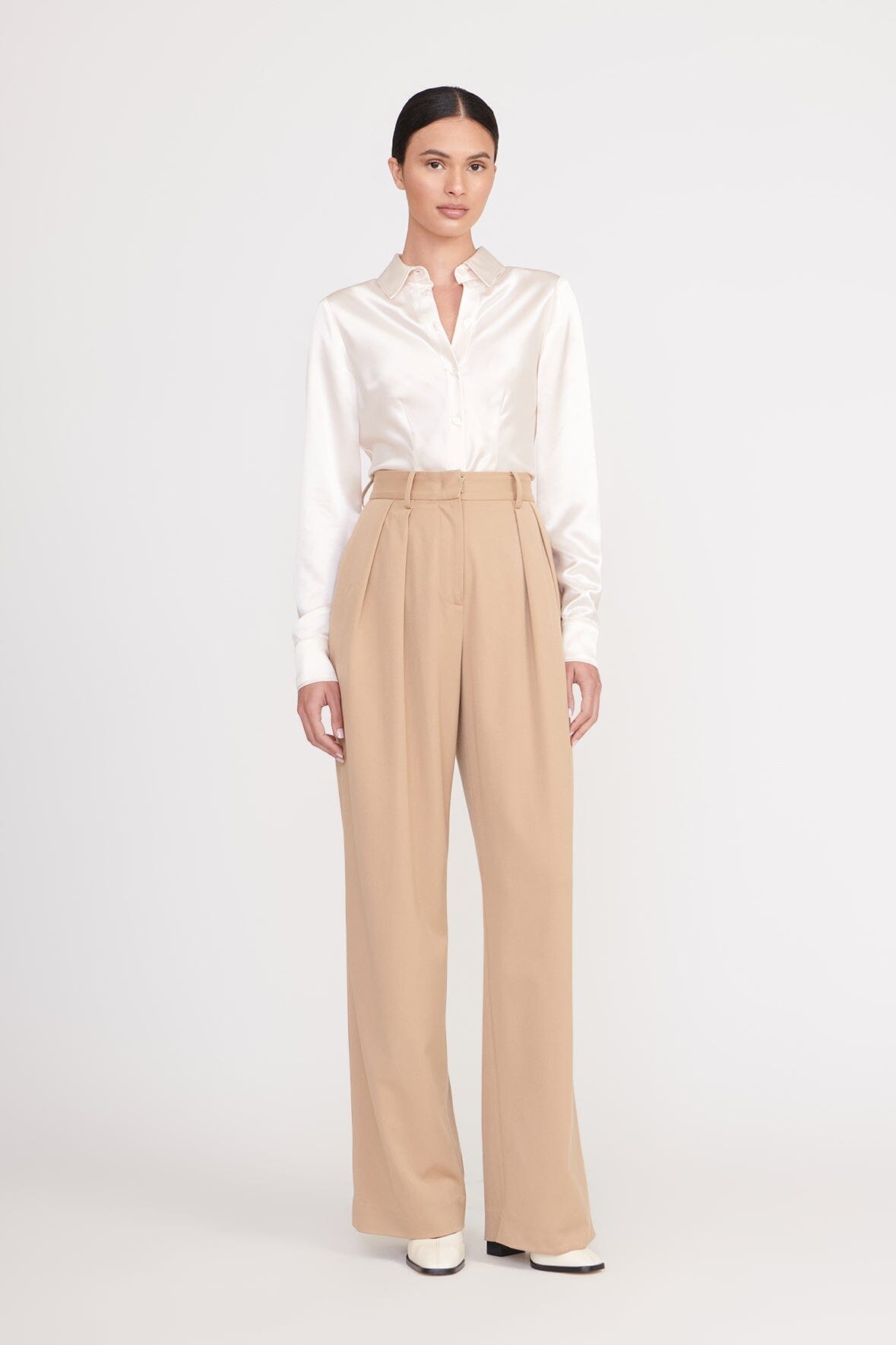 Wide Leg Pleated Trousers with Pockets | Luisa Pant in Camel Suiting