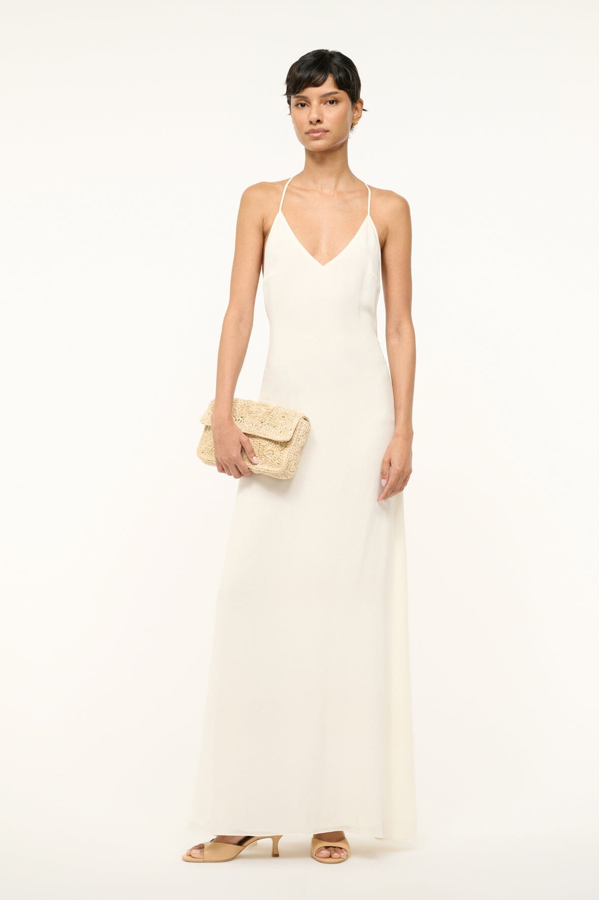 Silk Maxi Dress with V-Neck & Halter Drape | Machu Ivory