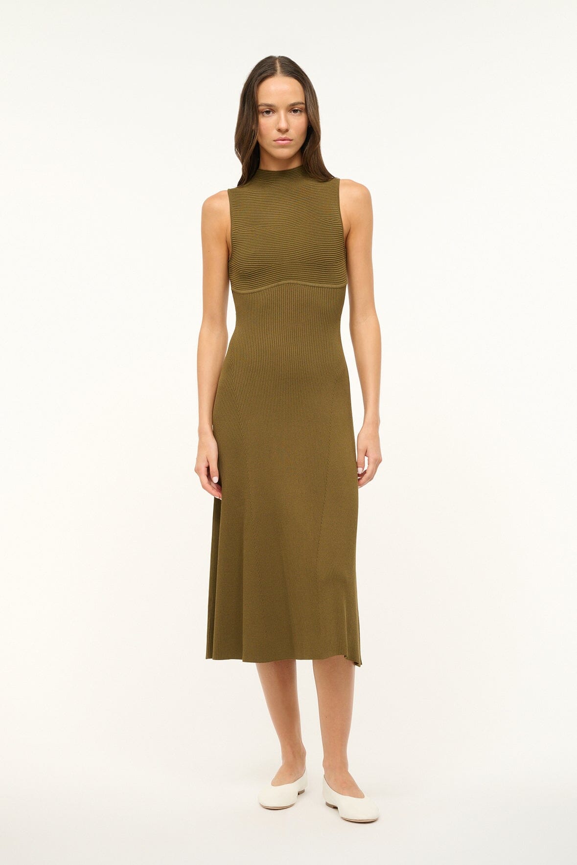 Knit Dress with High Neckline & A-Line Skirt | Malachite