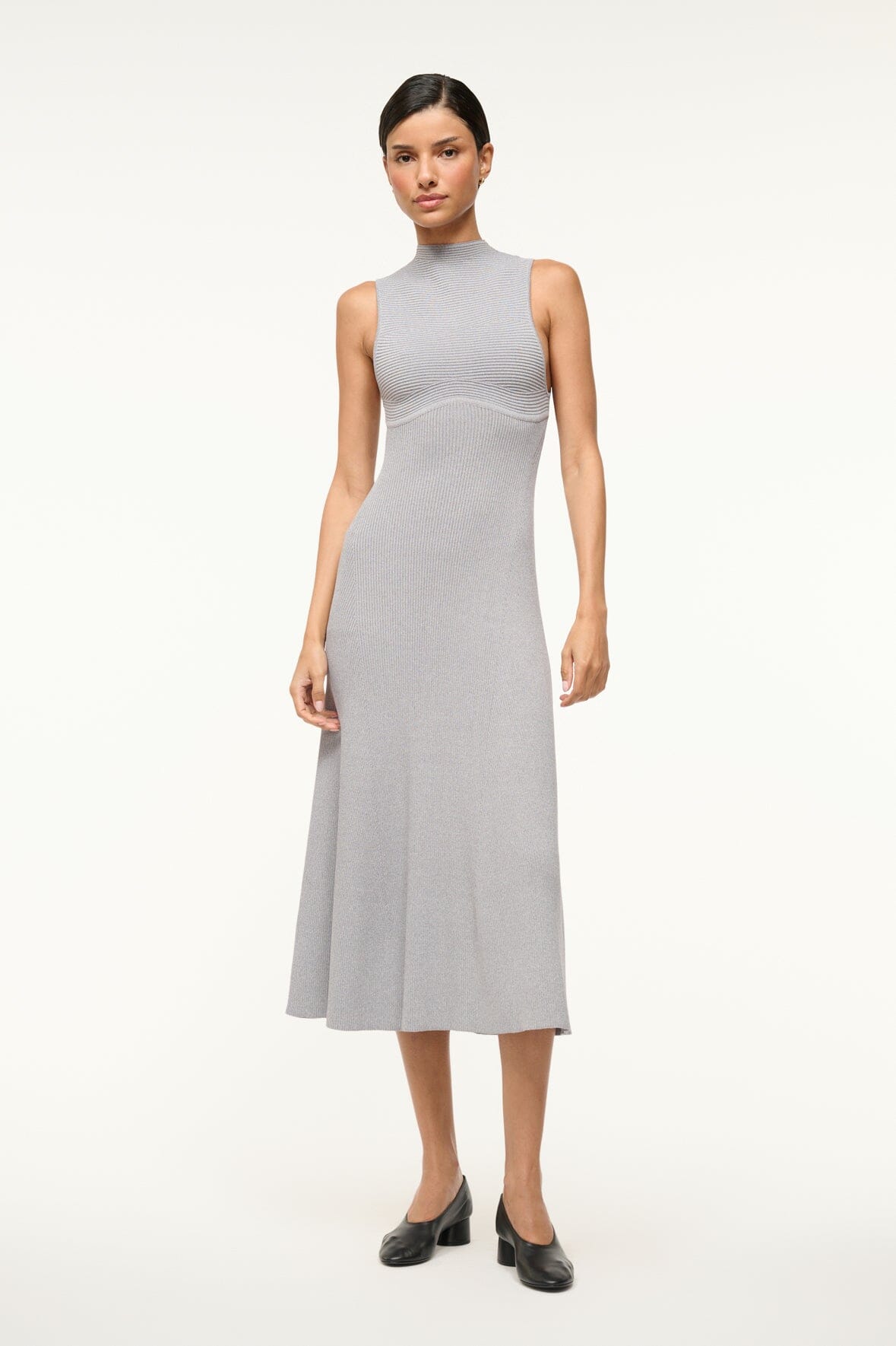 Knit Dress with High Neckline & A-Line Skirt | Malachite Speckle Grey