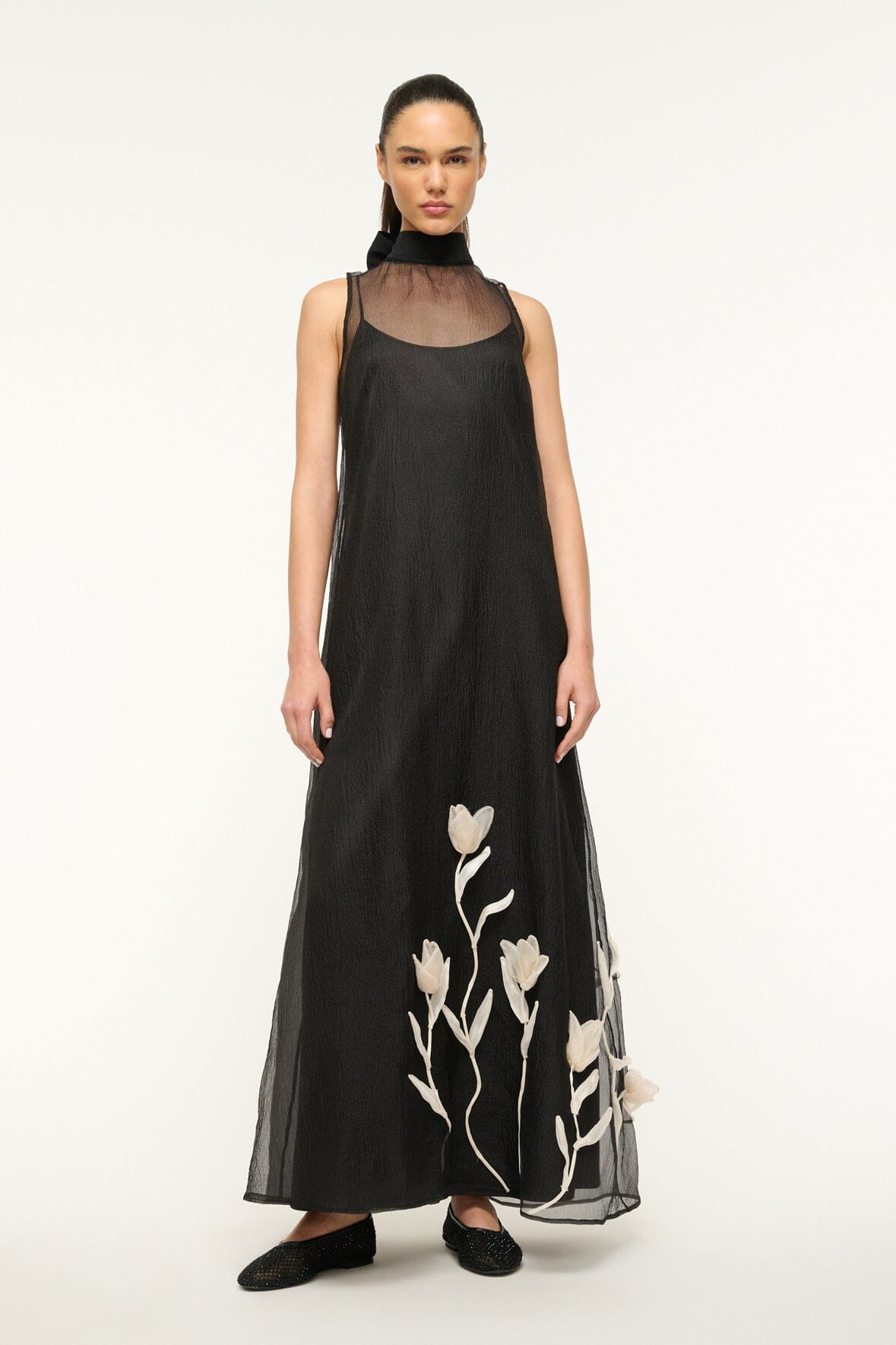 Organza Sleeveless Dress with High Neck & Back Tie | Albee Black
