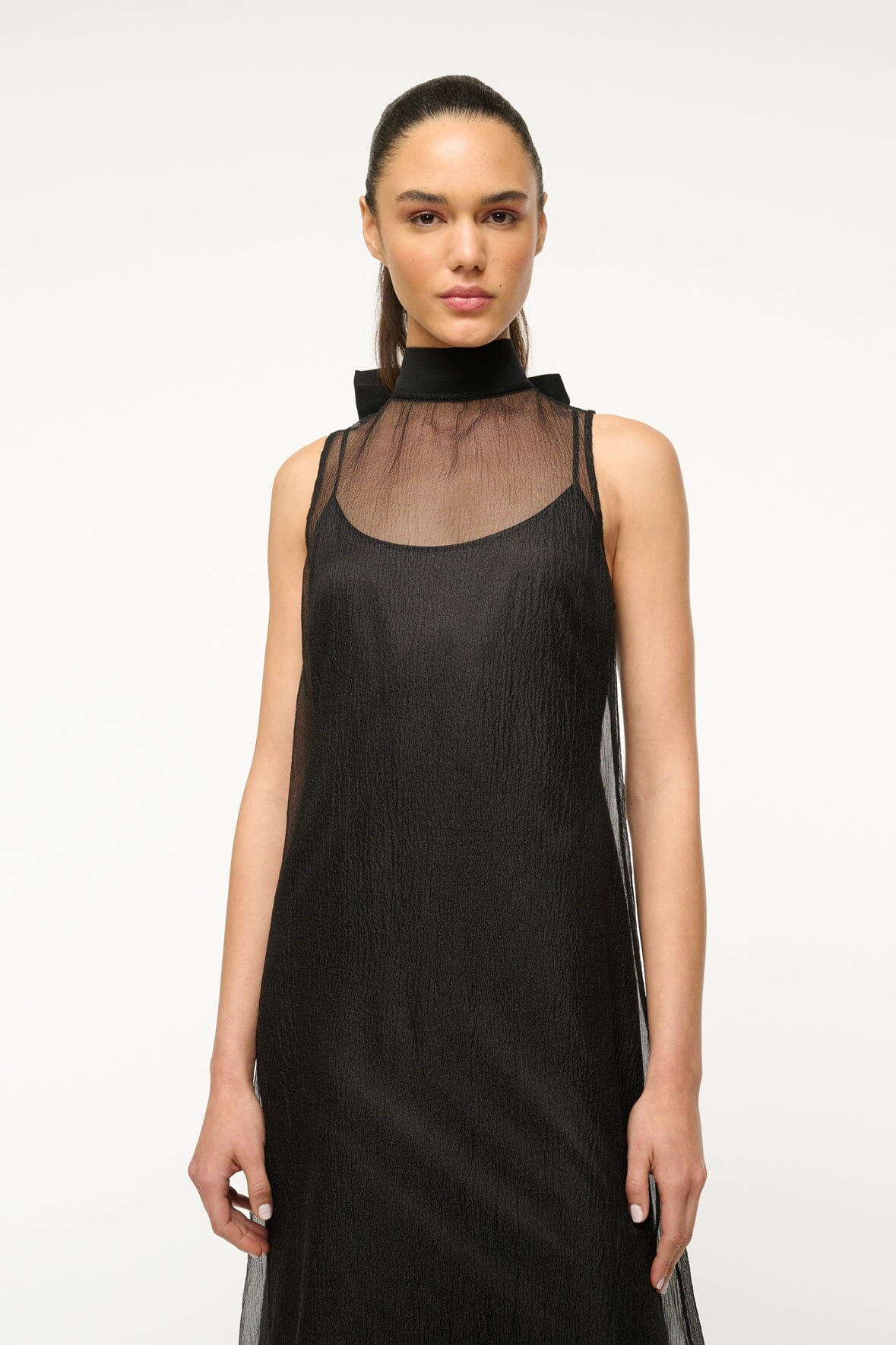 Organza Sleeveless Dress with High Neck & Back Tie | Albee Black