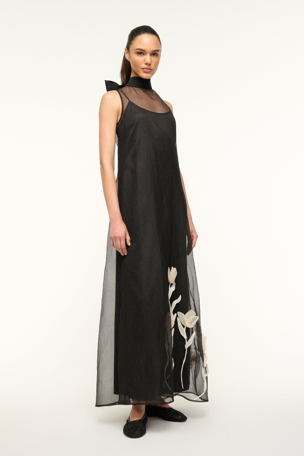 Organza Sleeveless Dress with High Neck & Back Tie | Albee Black