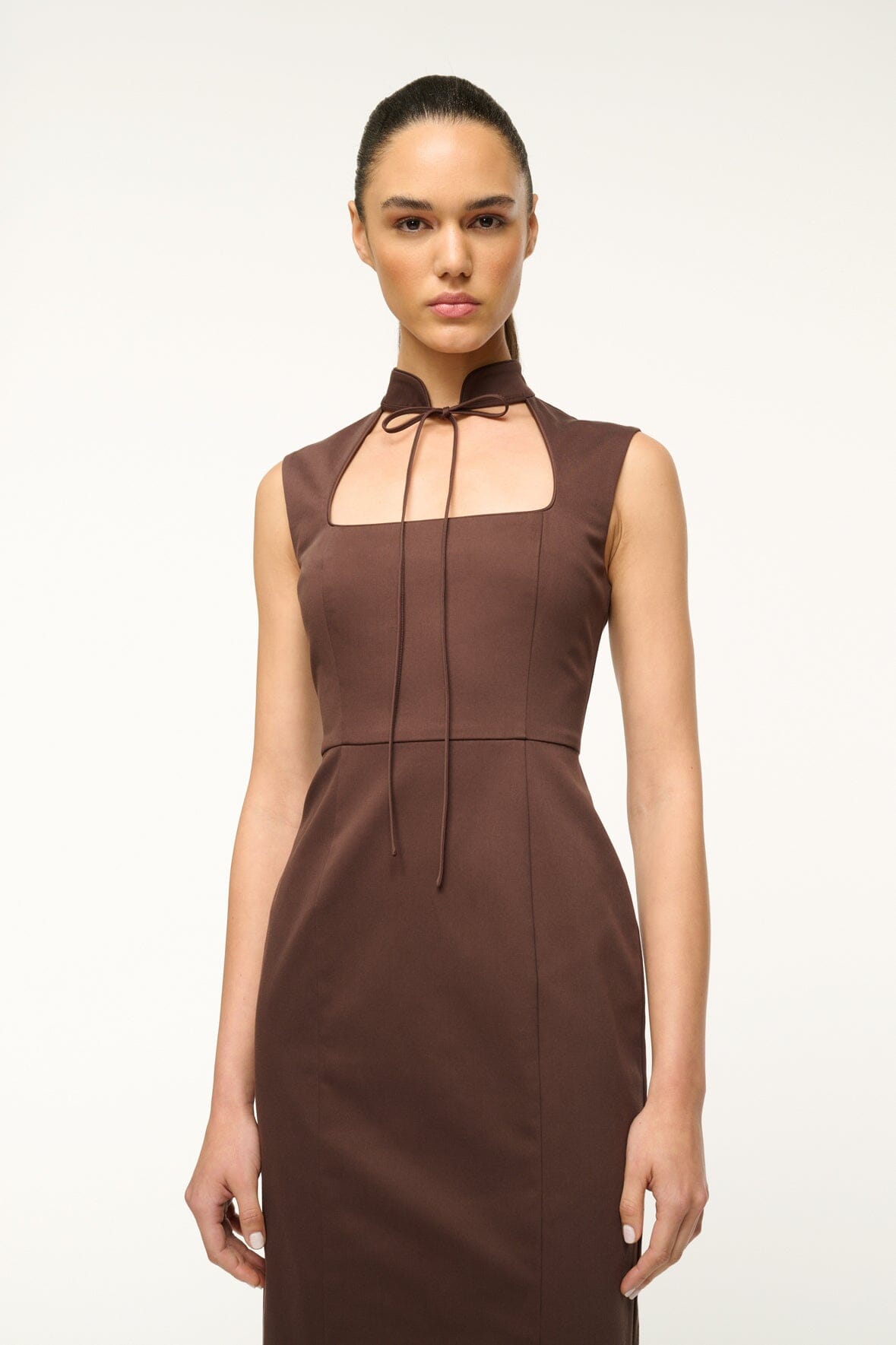 Bustier Dress with Cut Out Neckline & Back Zipper | Mariano Dark Chocolate