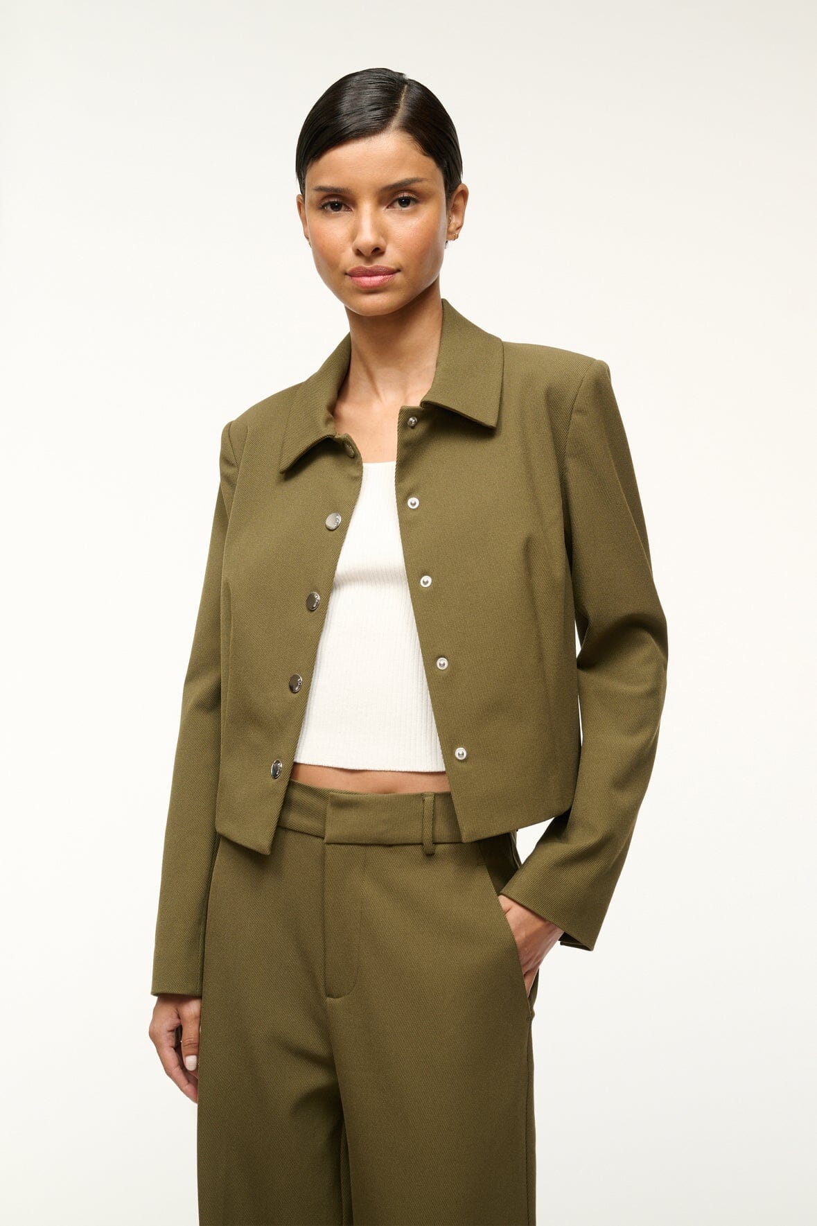Stretch Twill Cropped Jacket with Snap Closure | Marino Sergeant Green