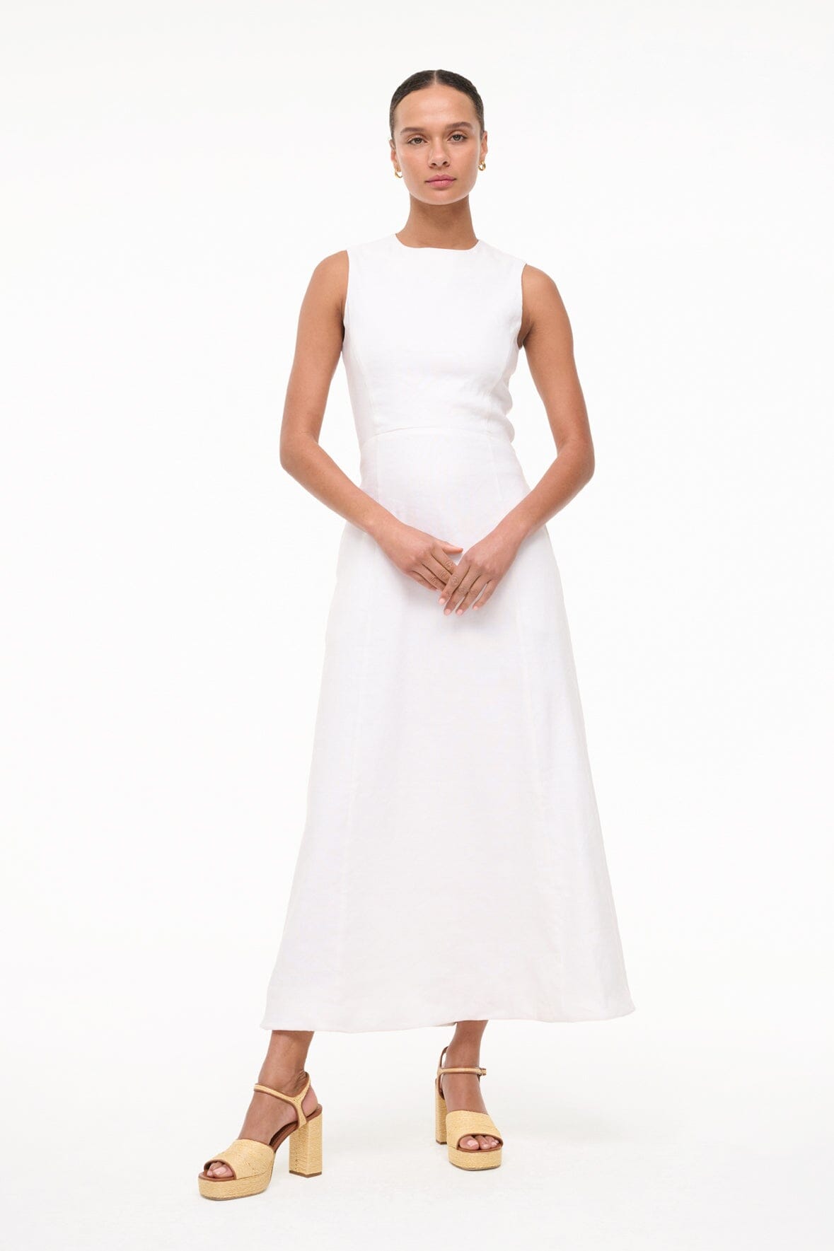 Linen Summer Dress with A-Line Skirt & Back Zipper | Martine White