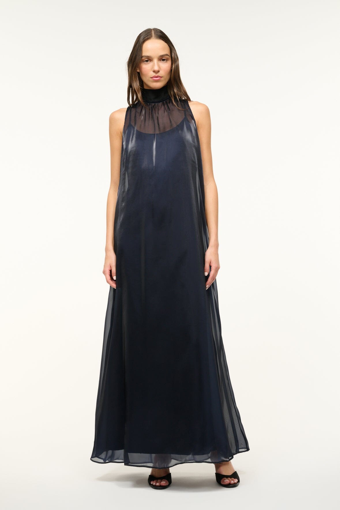 Organza Sleeveless Dress with High Neck & Back Tie | Albee Midnight Black