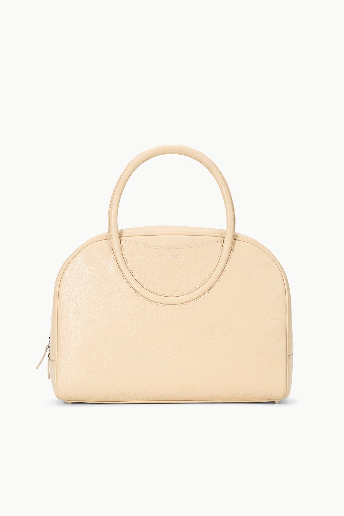 Pebbled Leather Bowler Bag with Front Pocket & Zip Closure | Maude Oat