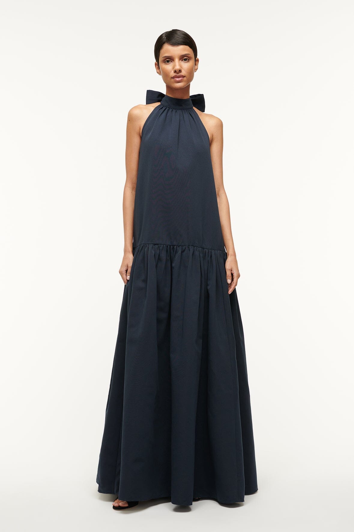 Tiered A-Line Maxi Dress with Neck Tie Detail | Marlowe Navy