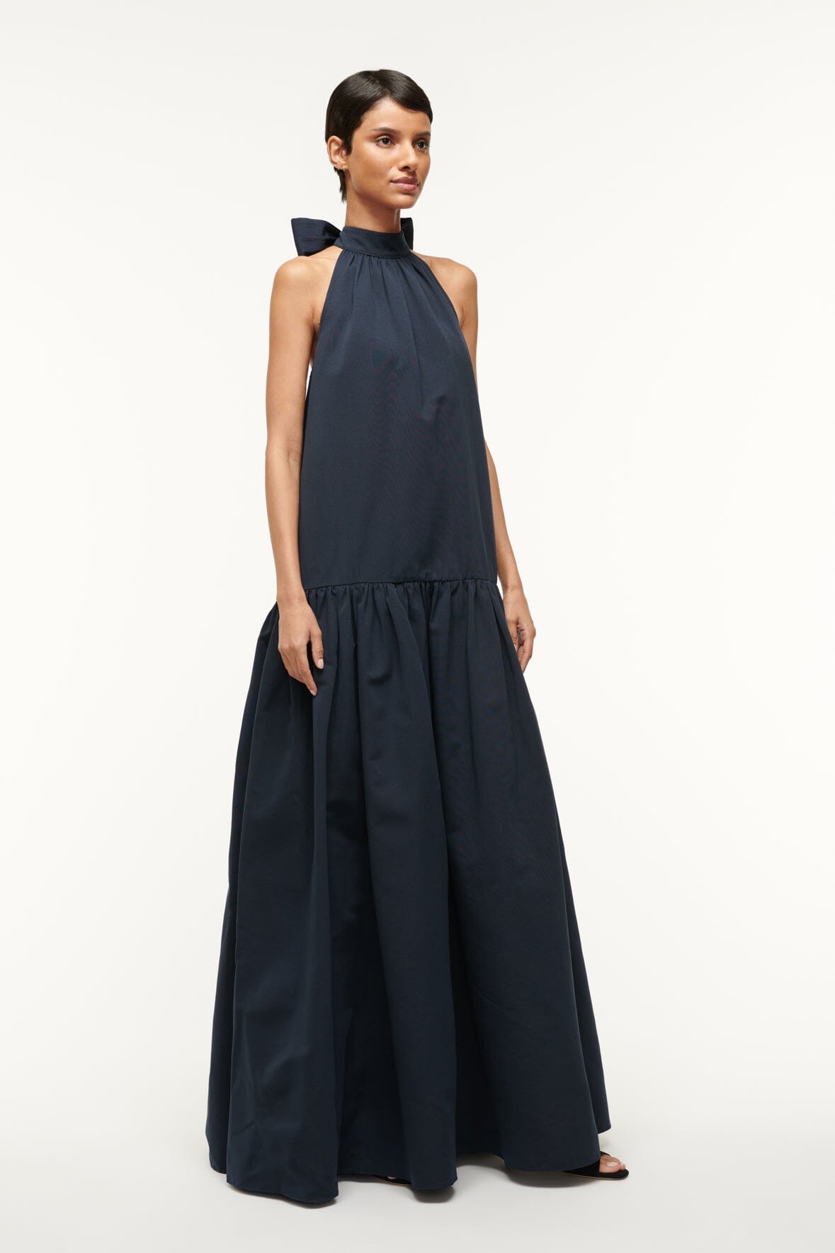 Tiered A-Line Maxi Dress with Neck Tie Detail | Marlowe Navy