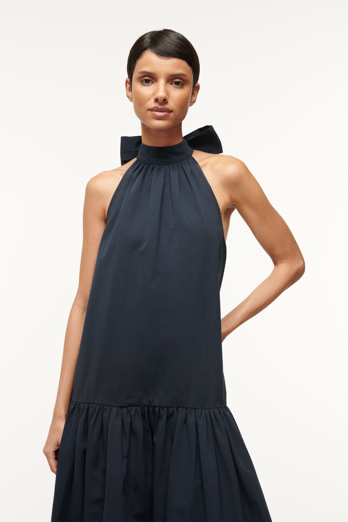 Tiered A-Line Maxi Dress with Neck Tie Detail | Marlowe Navy