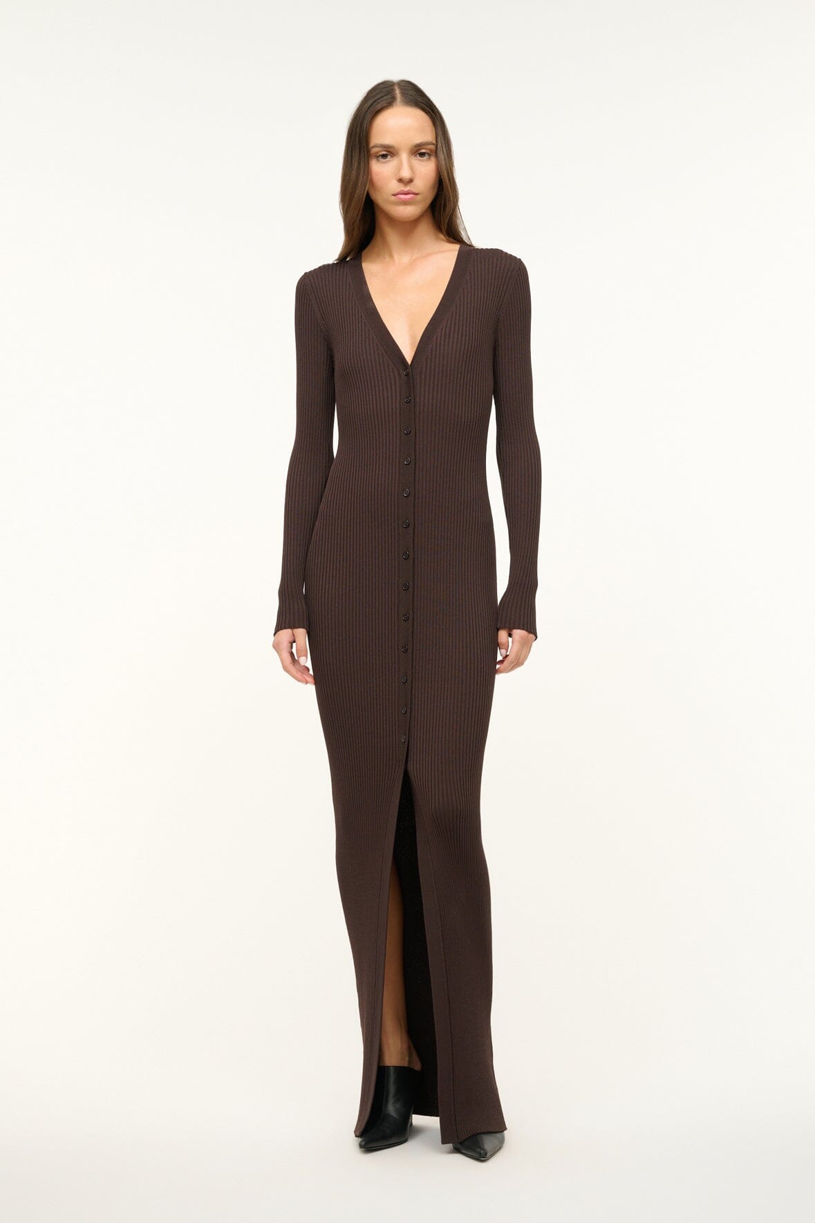 Long Rib Knit Sweater Dress with Buttons | Maxi Shoko