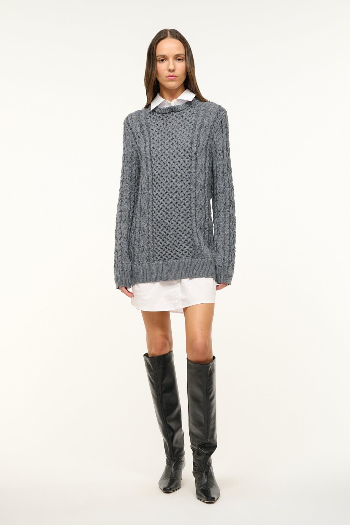 Long Sleeve Cable Knit Sweater Dress with Contrast Collar | Aldrin