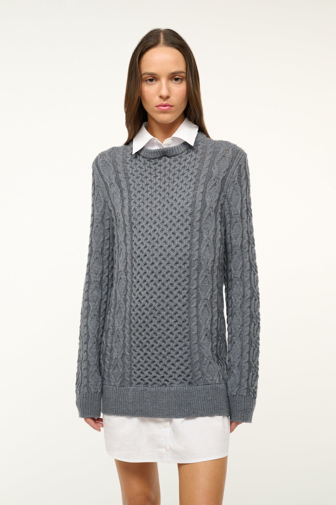 Long Sleeve Cable Knit Sweater Dress with Contrast Collar | Aldrin