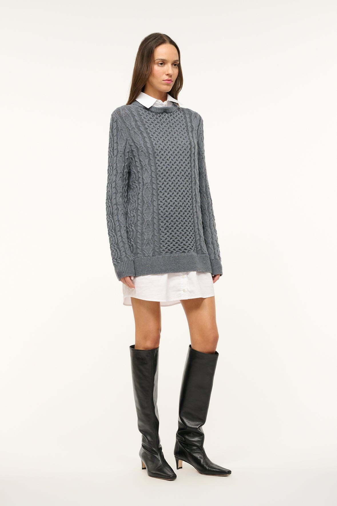 Long Sleeve Cable Knit Sweater Dress with Contrast Collar | Aldrin