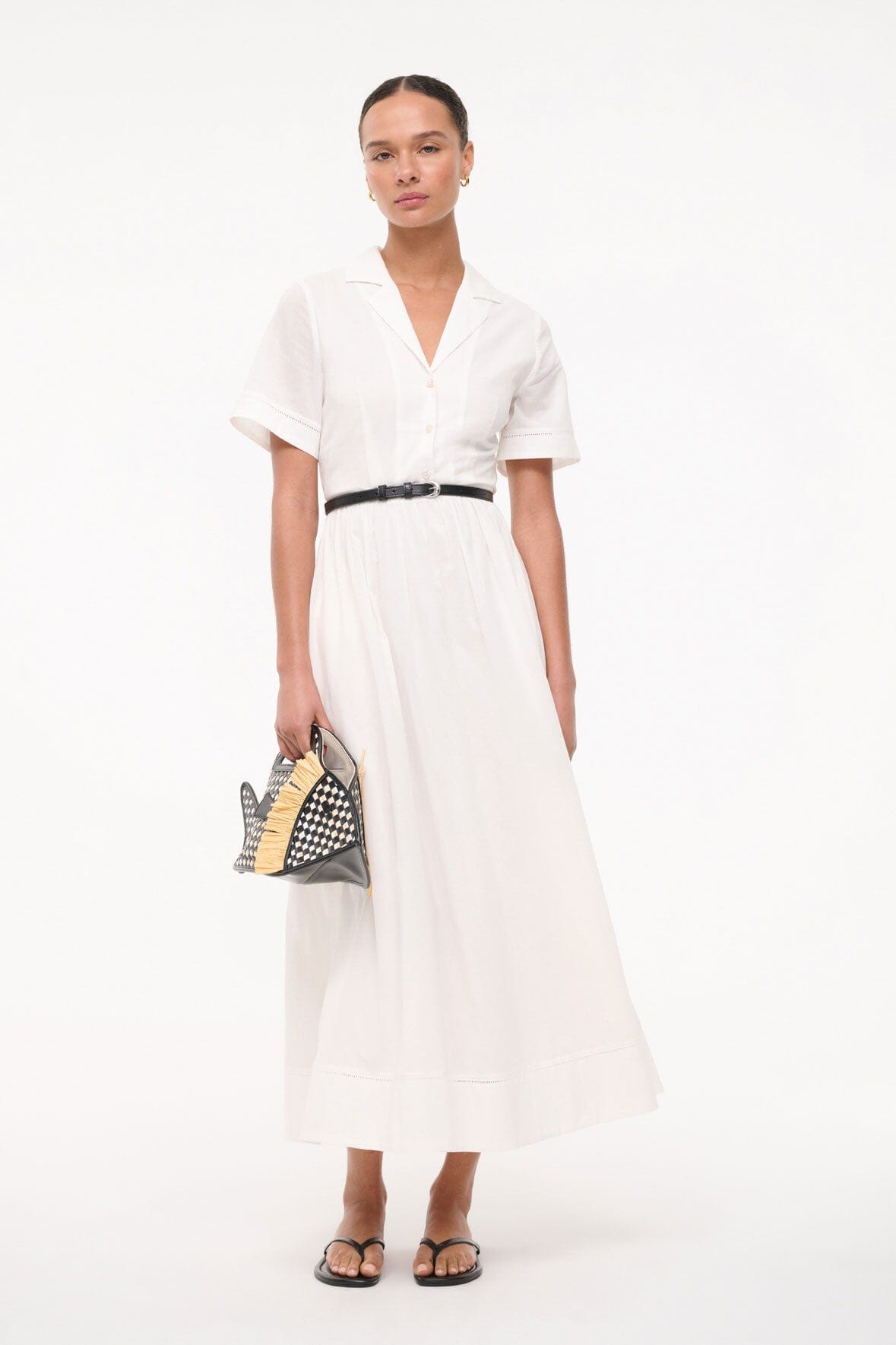White Midi Shirt Dress with Camp Collar & Elastic Waist | Meryl