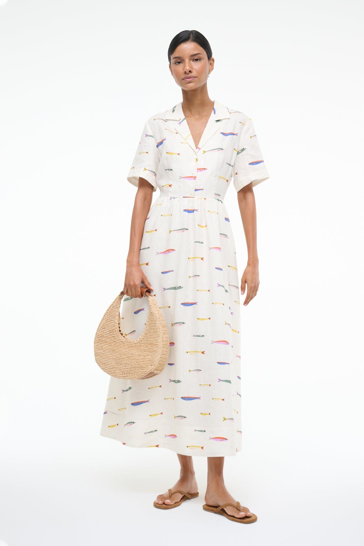 Linen Shirt Dress with Elastic Waist & Camp Collar | Pop Sardines Ivory