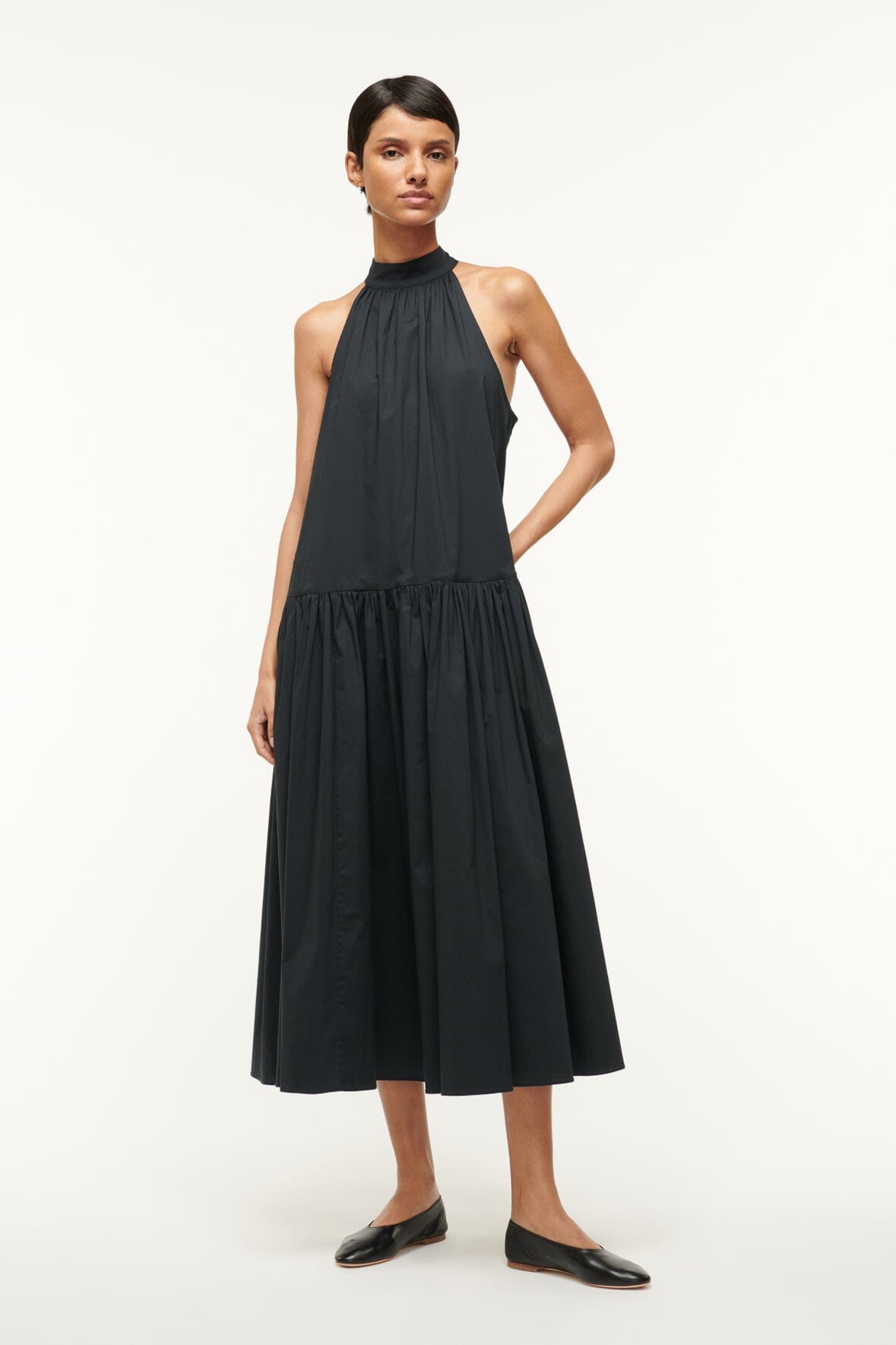 Black Cotton Poplin Midi Dress with Halter Neck | Marlowe