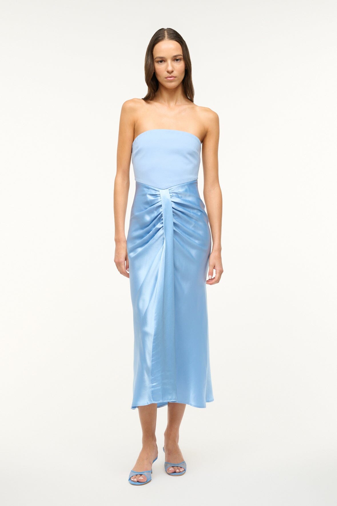 Strapless Midi Evening Dress with Ruched Satin Skirt | Azure