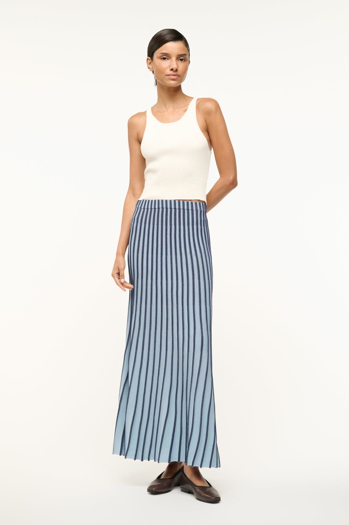 Maxi Rib Knit Skirt with Elastic Waistband & Flared Hem | Aleida
