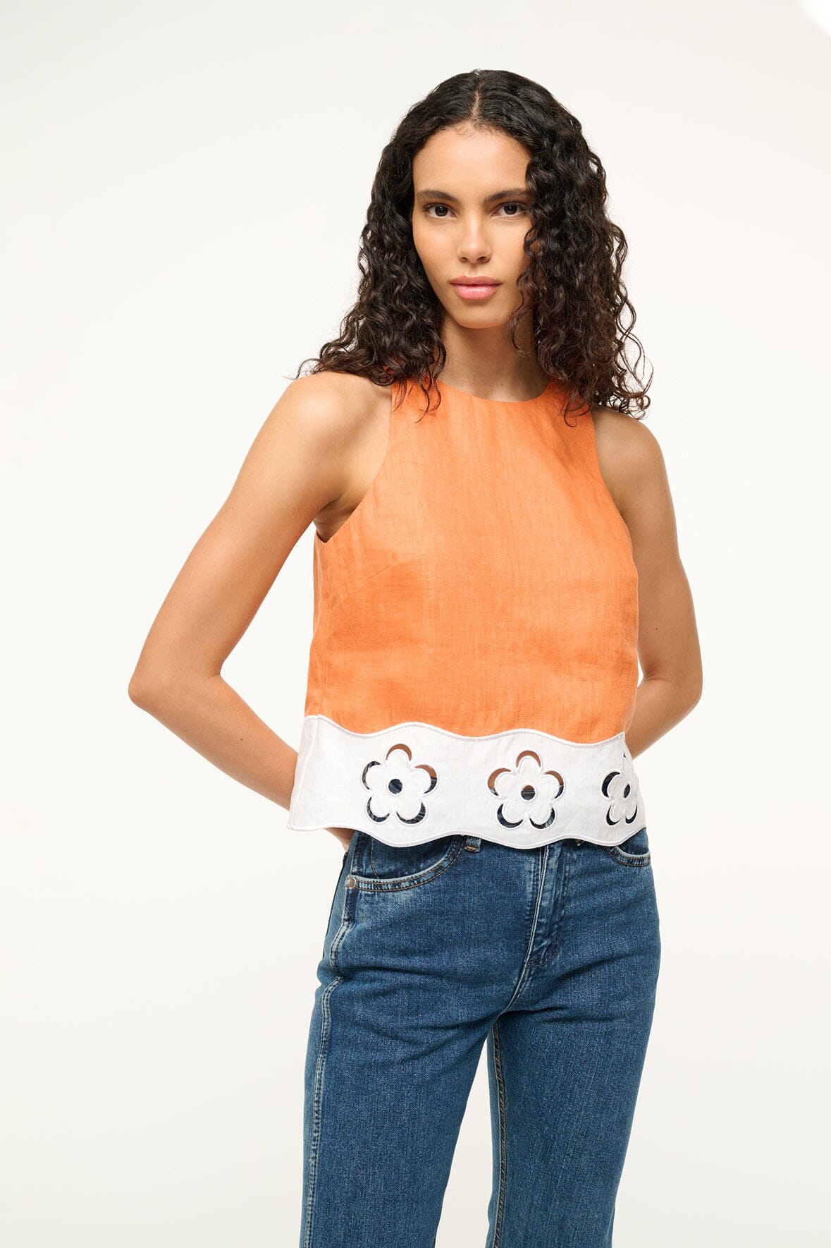 Linen Sleeveless Top with Floral Cut Out Hem | Mika Apricot White