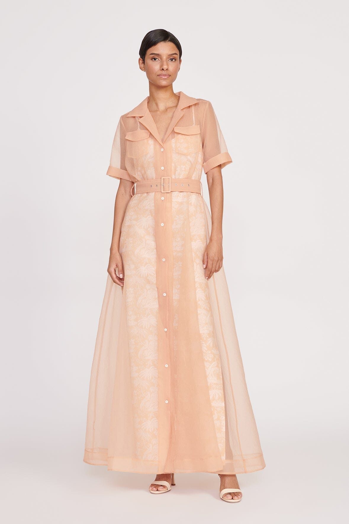 Beige Ivory Toile Dress with Front Buttons & Removable Belt | Millie