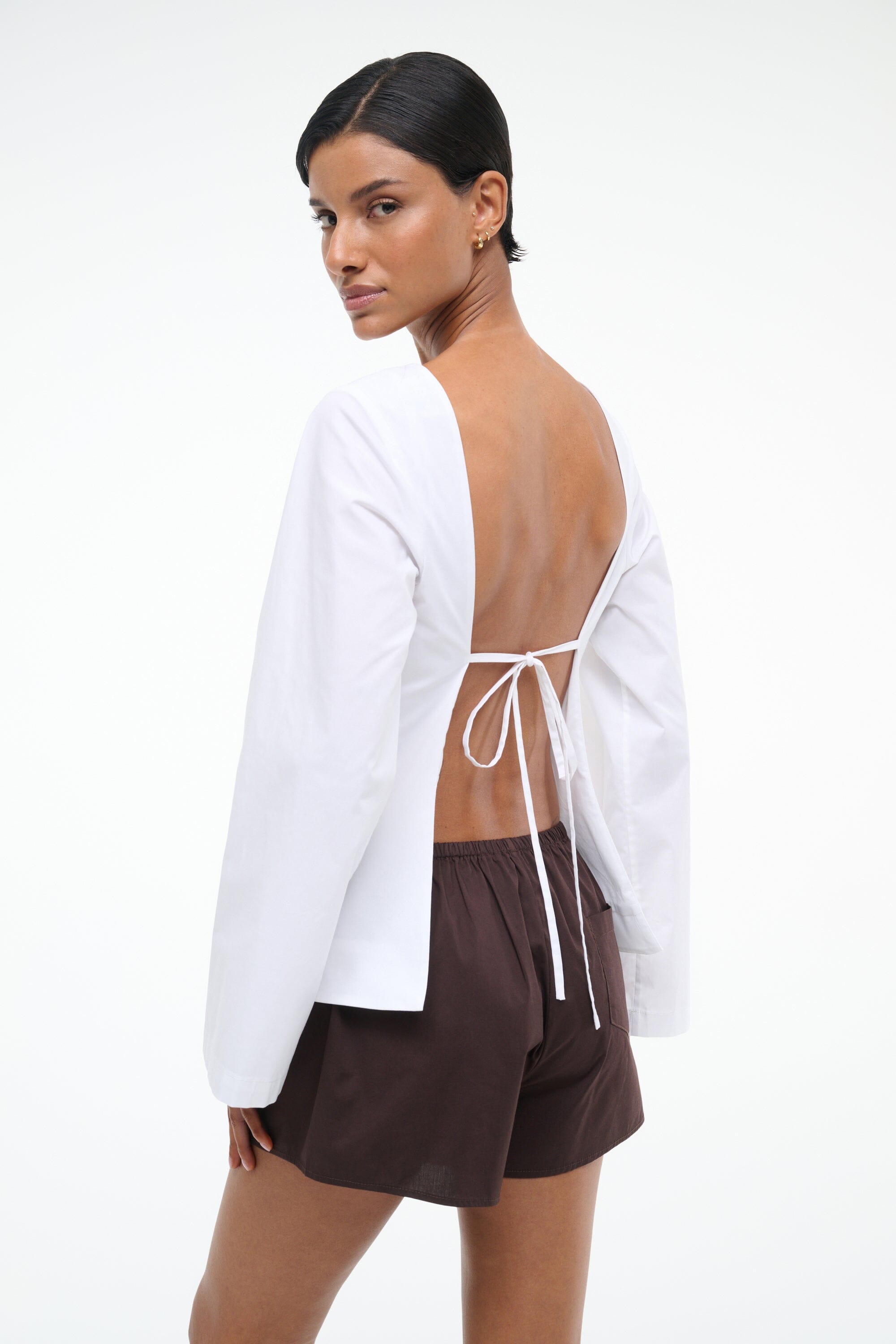 Long Sleeve Cotton Poplin Blouse with Back Tie | Mina Top