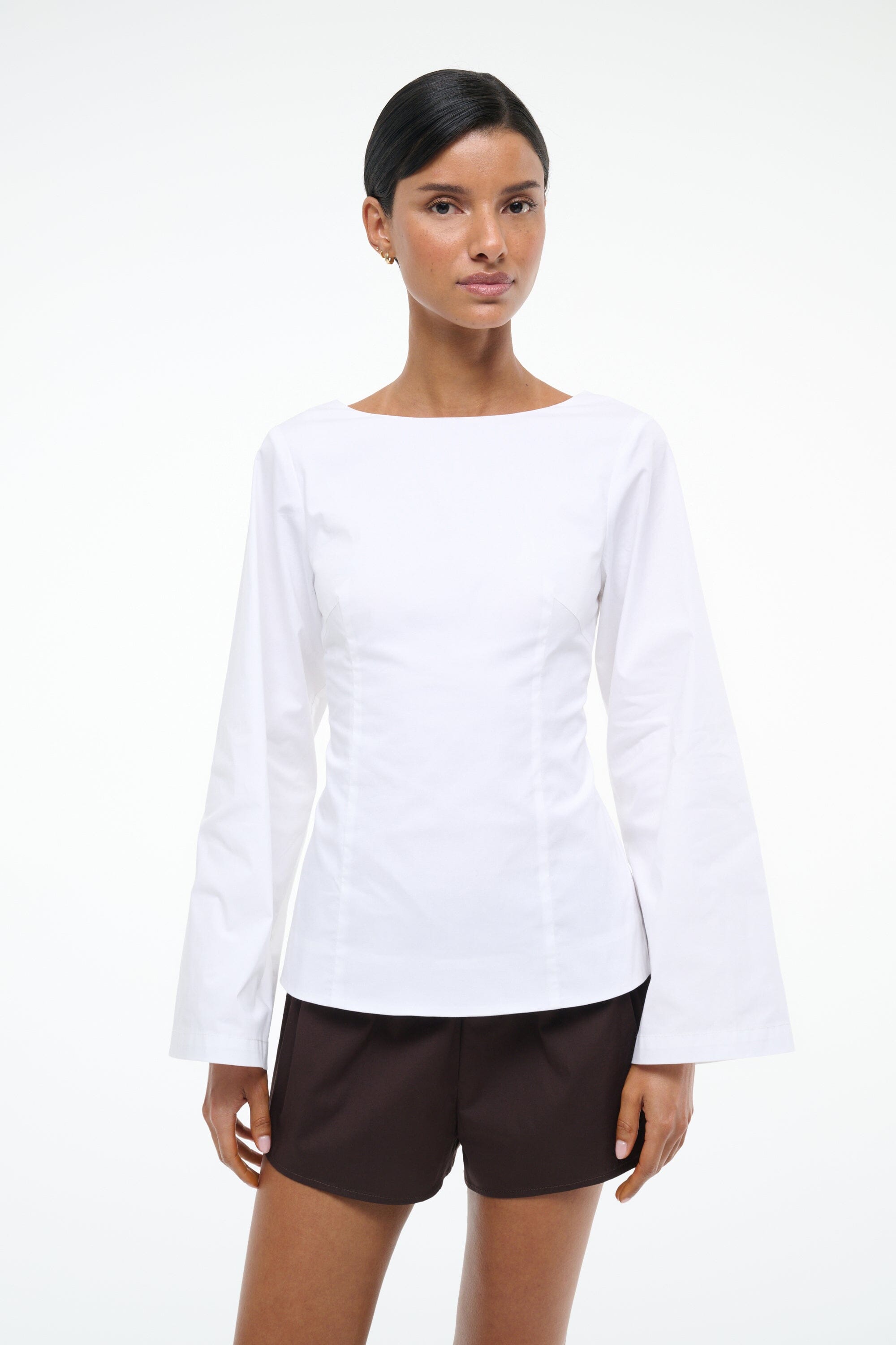 Long Sleeve Cotton Poplin Blouse with Back Tie | Mina Top