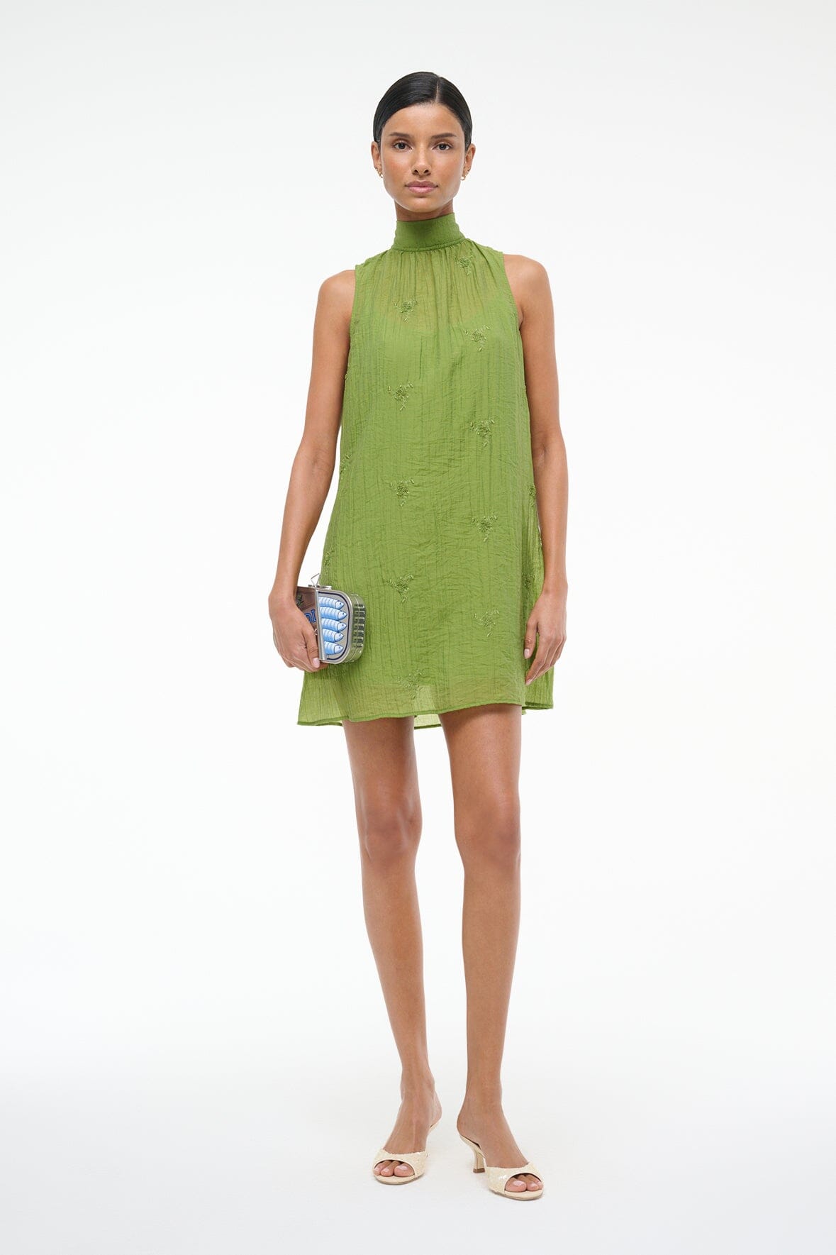 Embroidered Organza Mini Dress with High Neckline | Addy Garden Green