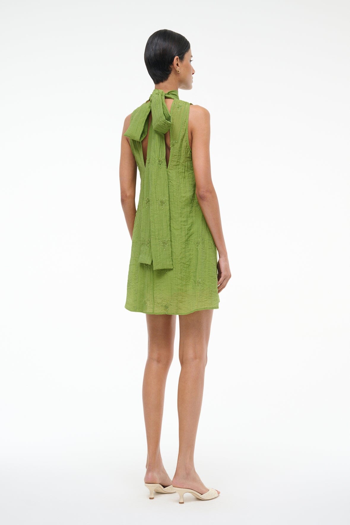 Embroidered Organza Mini Dress with High Neckline | Addy Garden Green