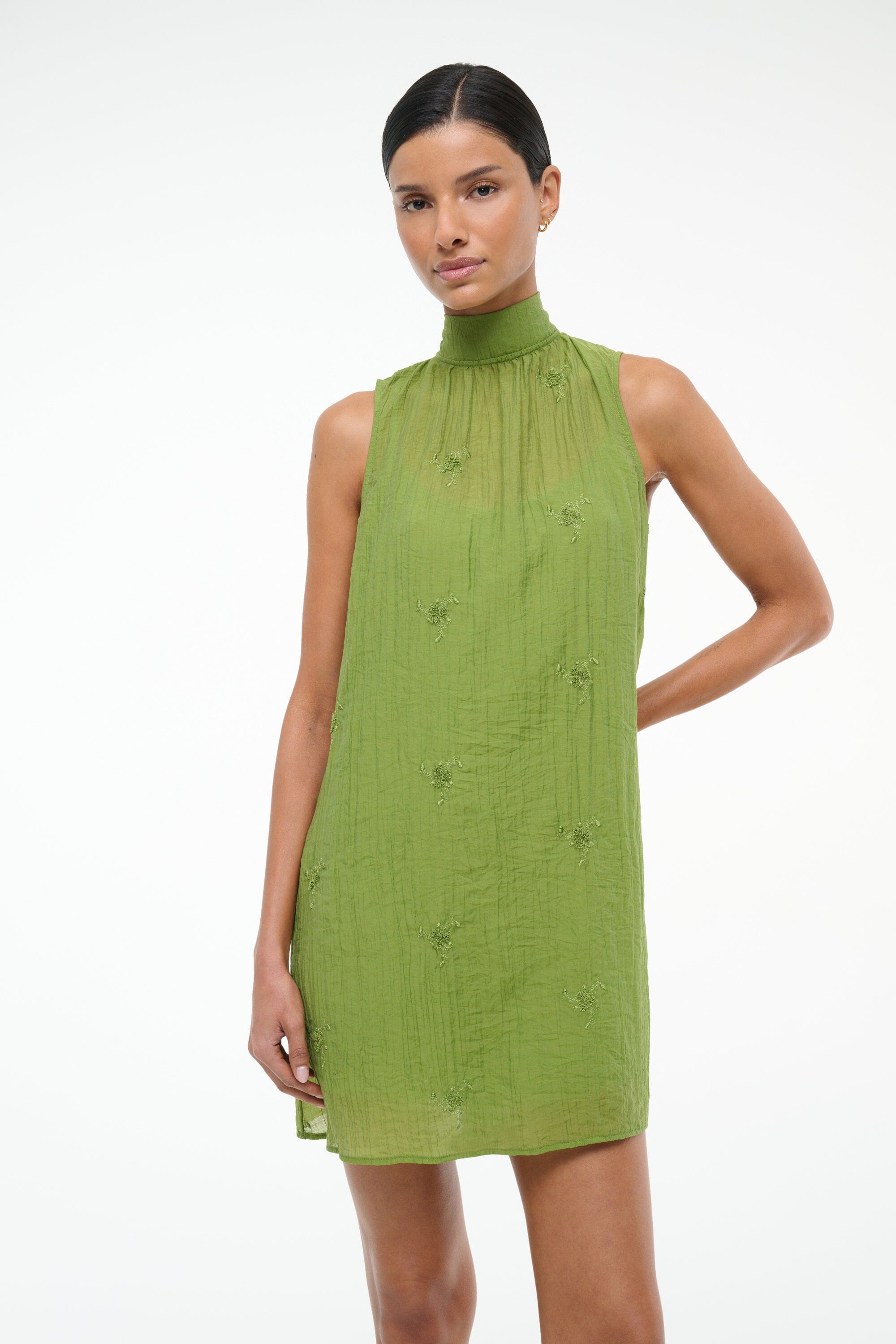 Embroidered Organza Mini Dress with High Neckline | Addy Garden Green