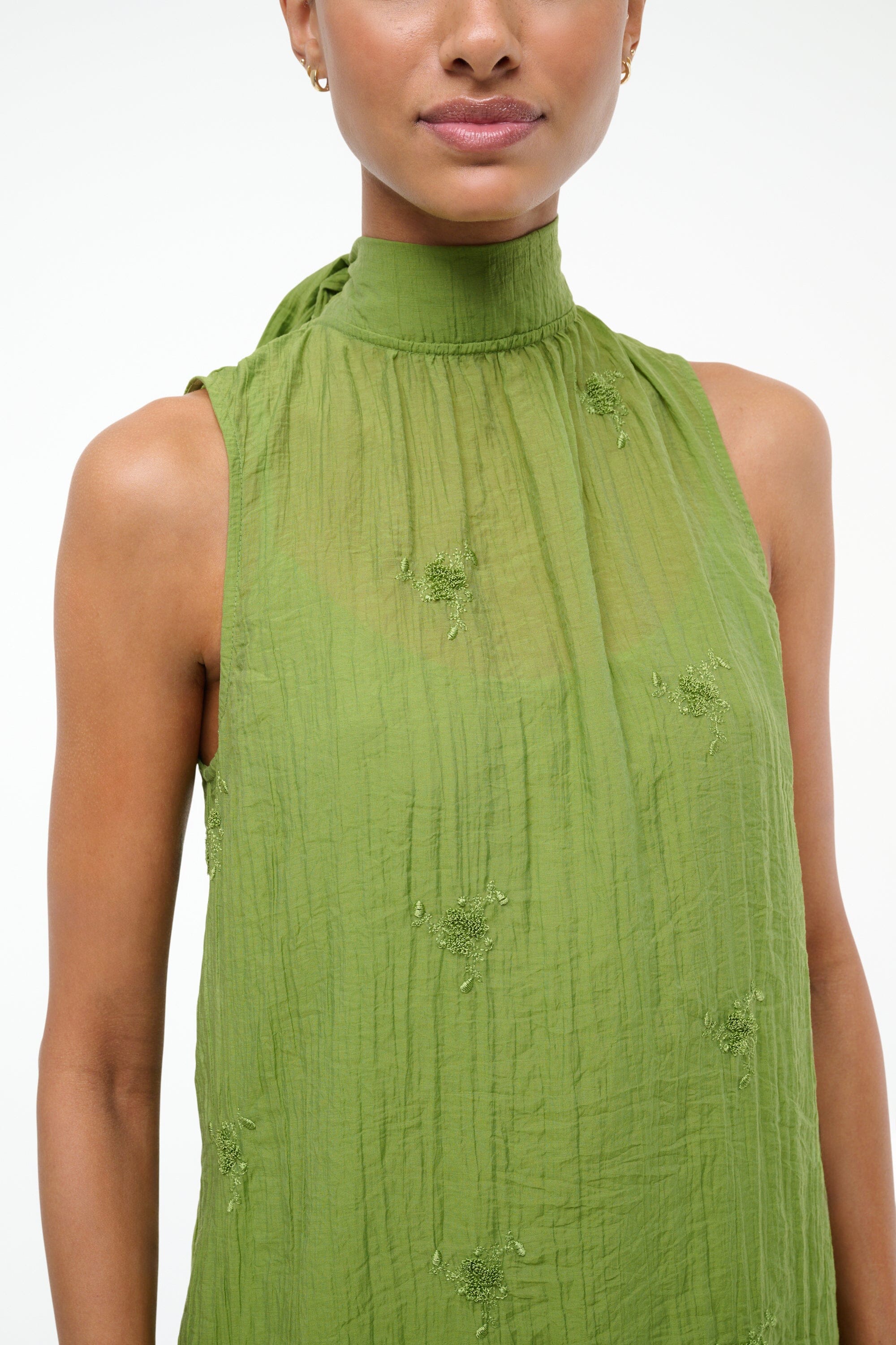 Embroidered Organza Mini Dress with High Neckline | Addy Garden Green