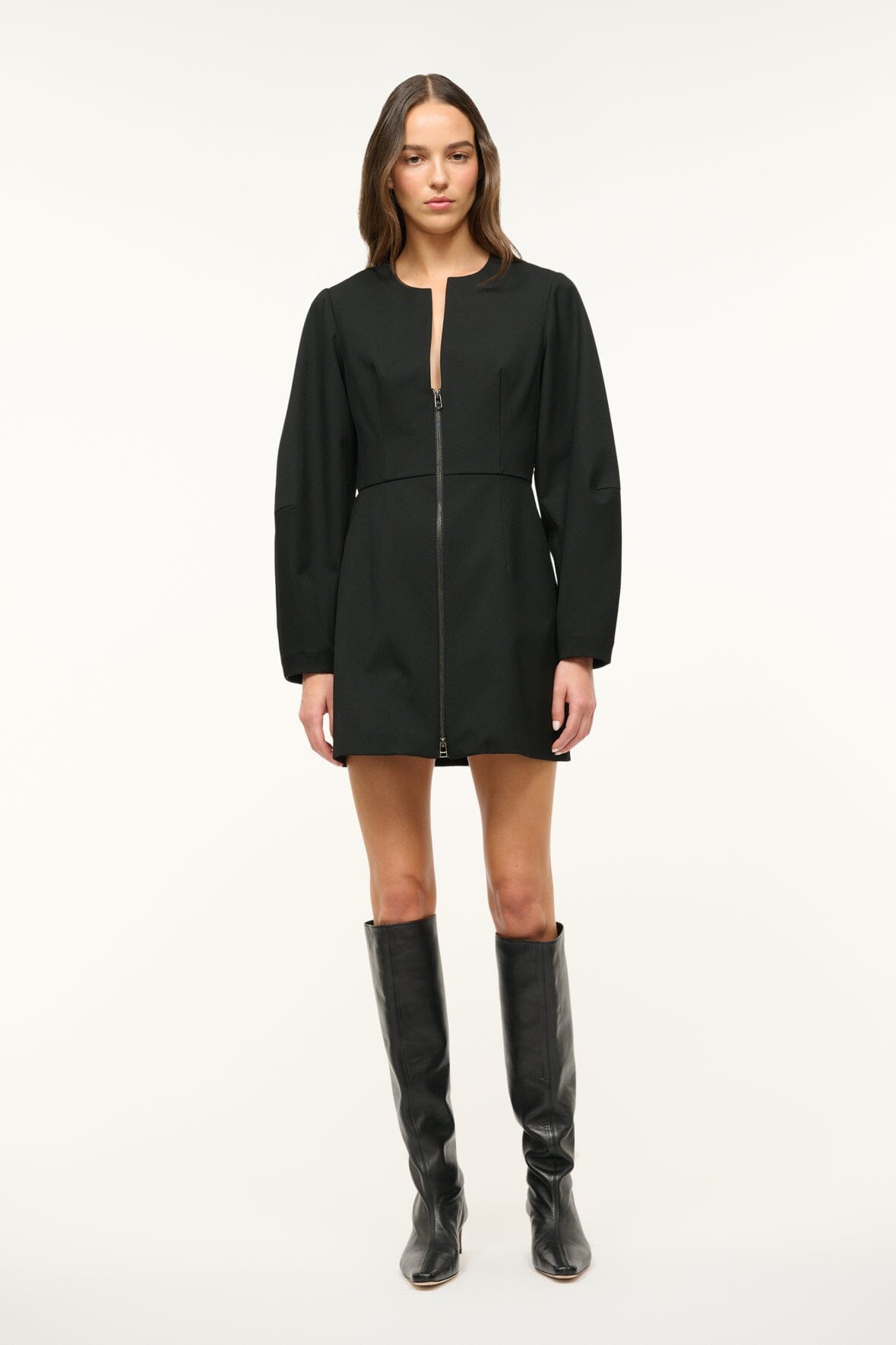 Black Mini Dress with Sculptural Sleeves & Zip Front | Katja