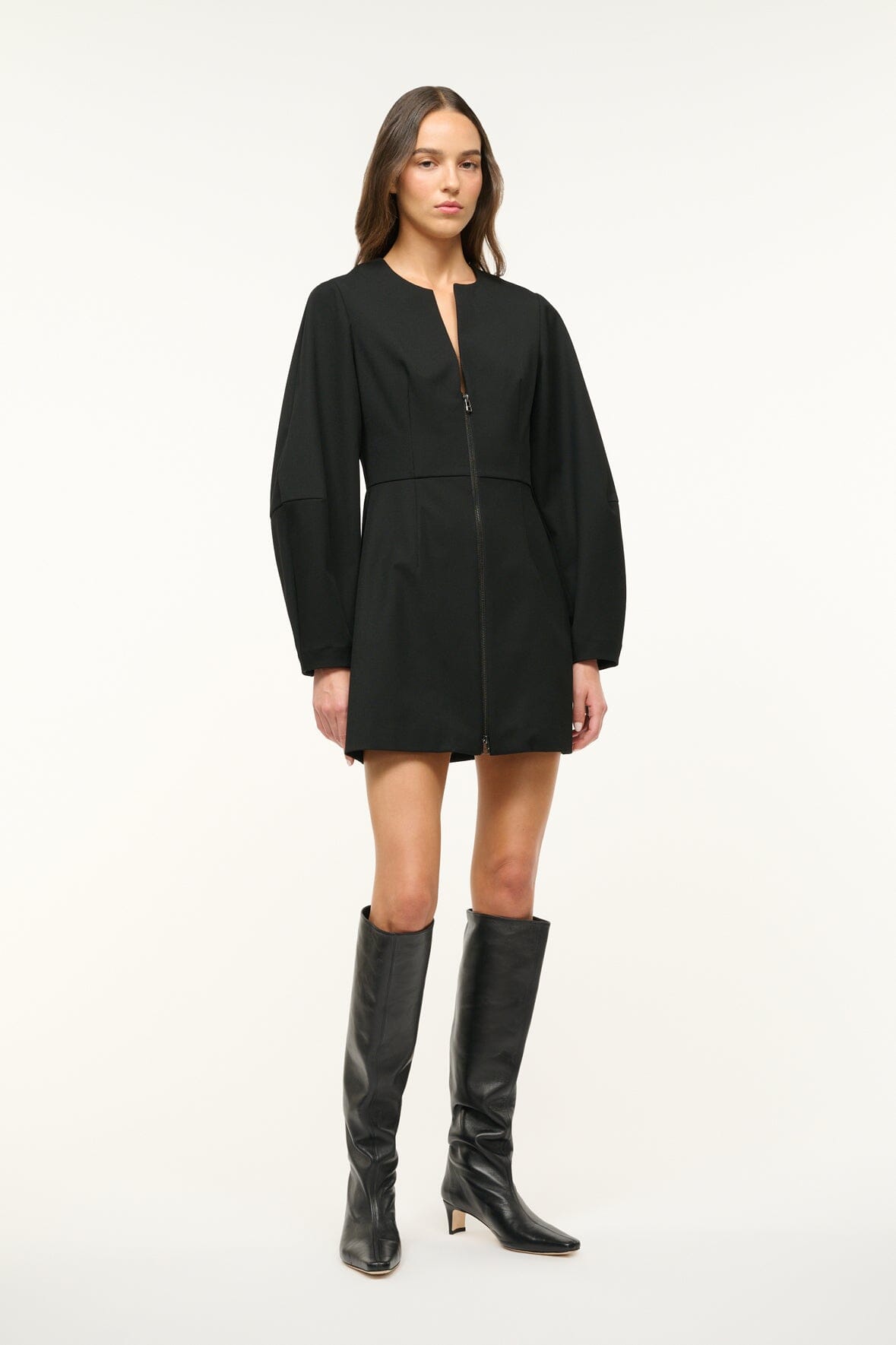 Black Mini Dress with Sculptural Sleeves & Zip Front | Katja