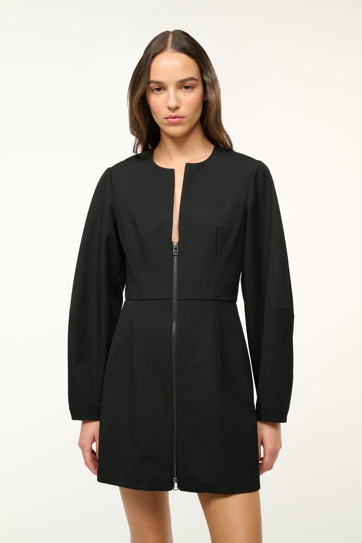 Black Mini Dress with Sculptural Sleeves & Zip Front | Katja