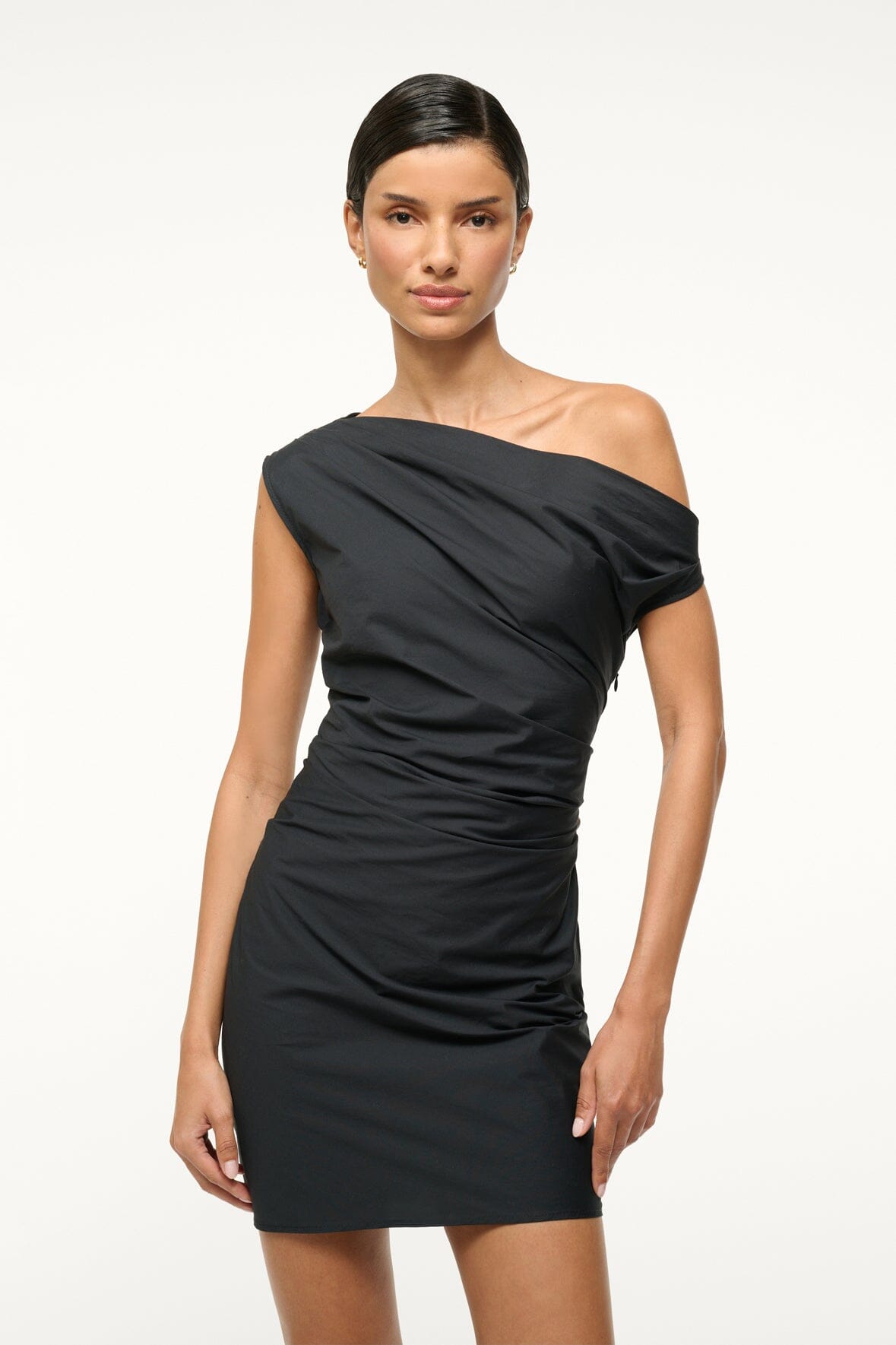 Off-Shoulder Mini Dress with Ruching | Black Cotton Poplin