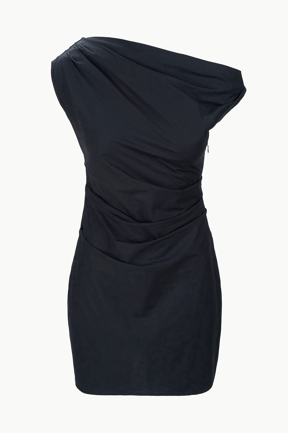 Off-Shoulder Mini Dress with Ruching | Black Cotton Poplin