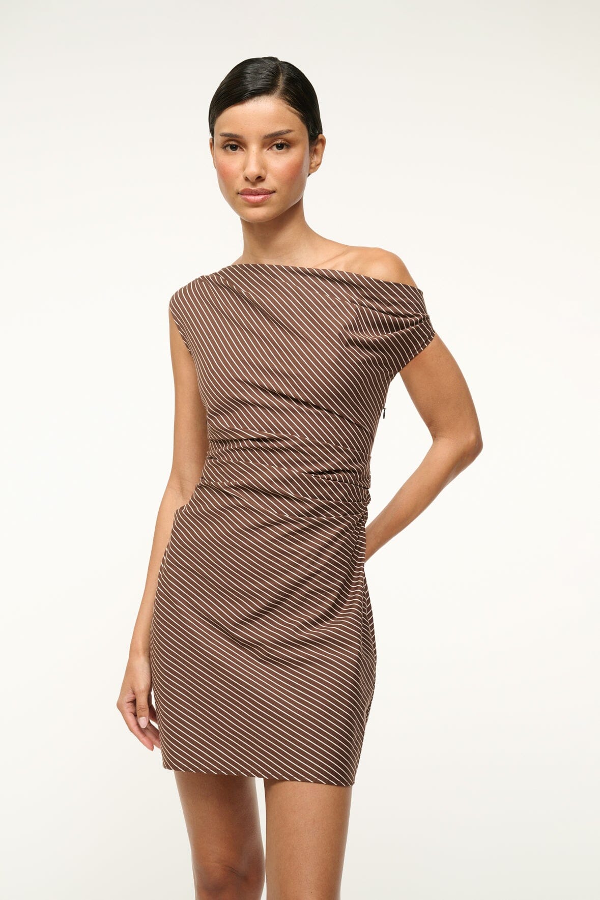 Off-Shoulder Mini Dress with Ruching | Phare Dark Oak Micro Stripe