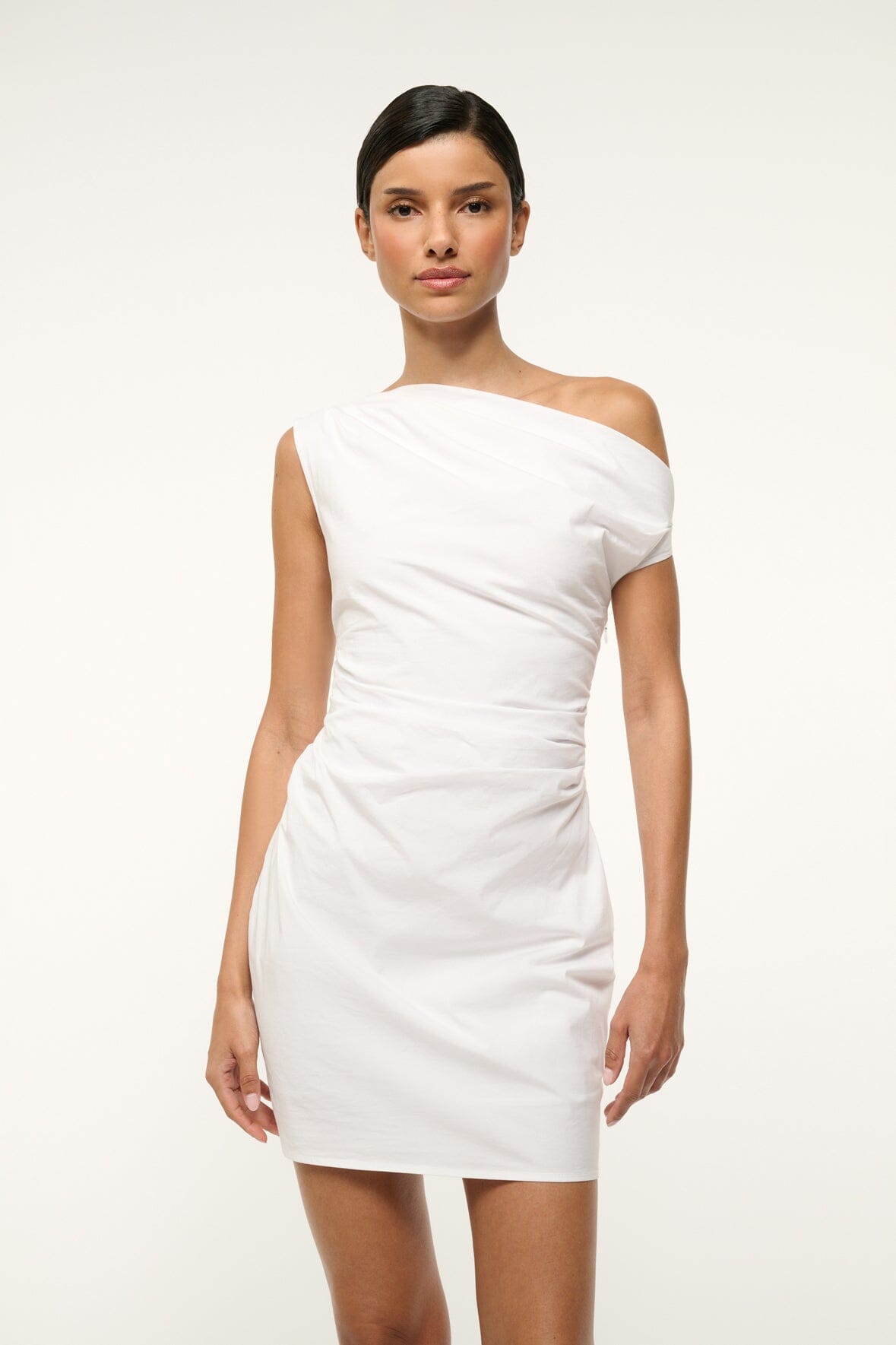 Off Shoulder Mini Dress with Ruching | Cotton Poplin | White