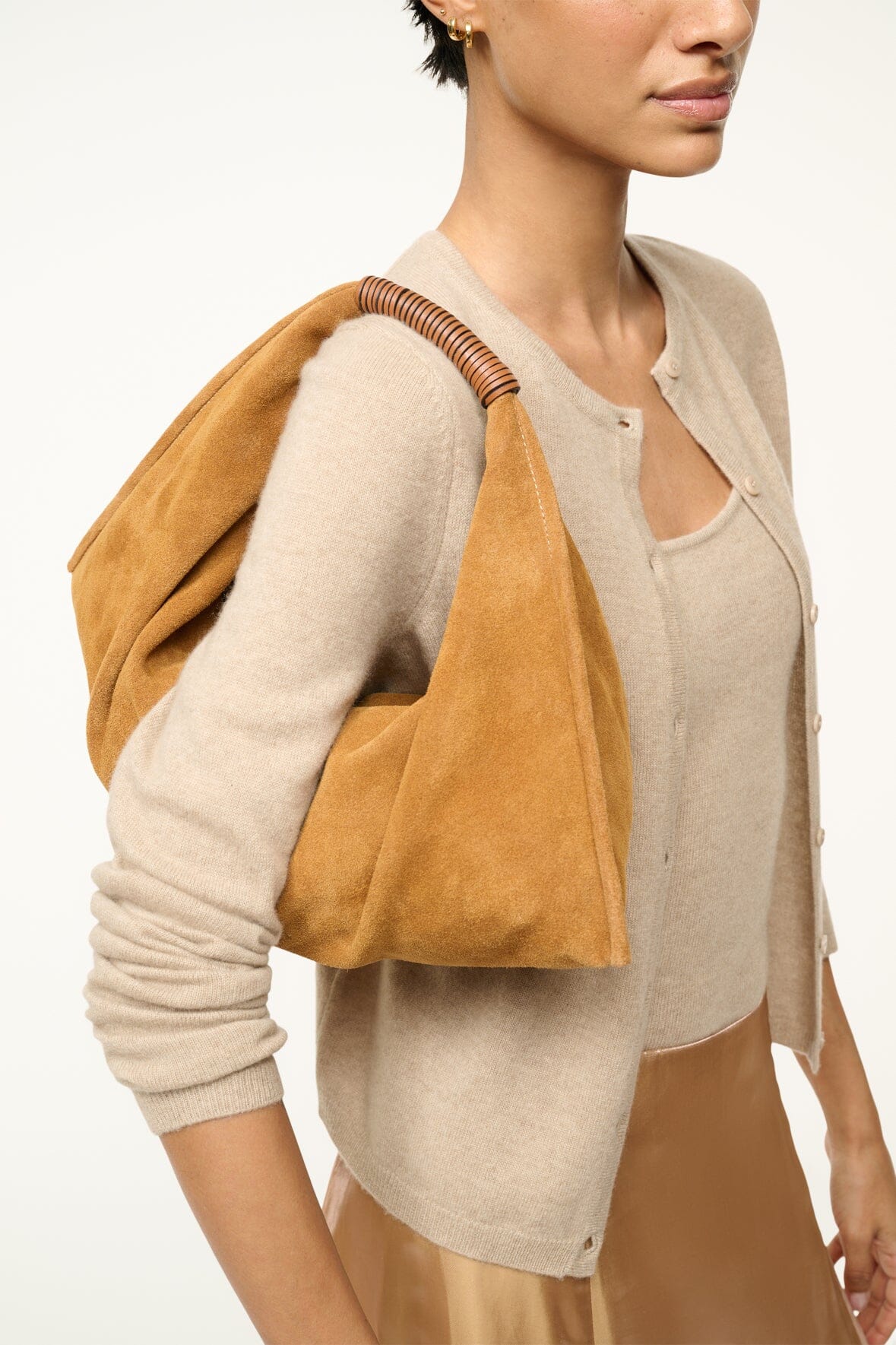 Mini Shoulder Bag in Tan Suede with Zip Closure | Mini Ronnie