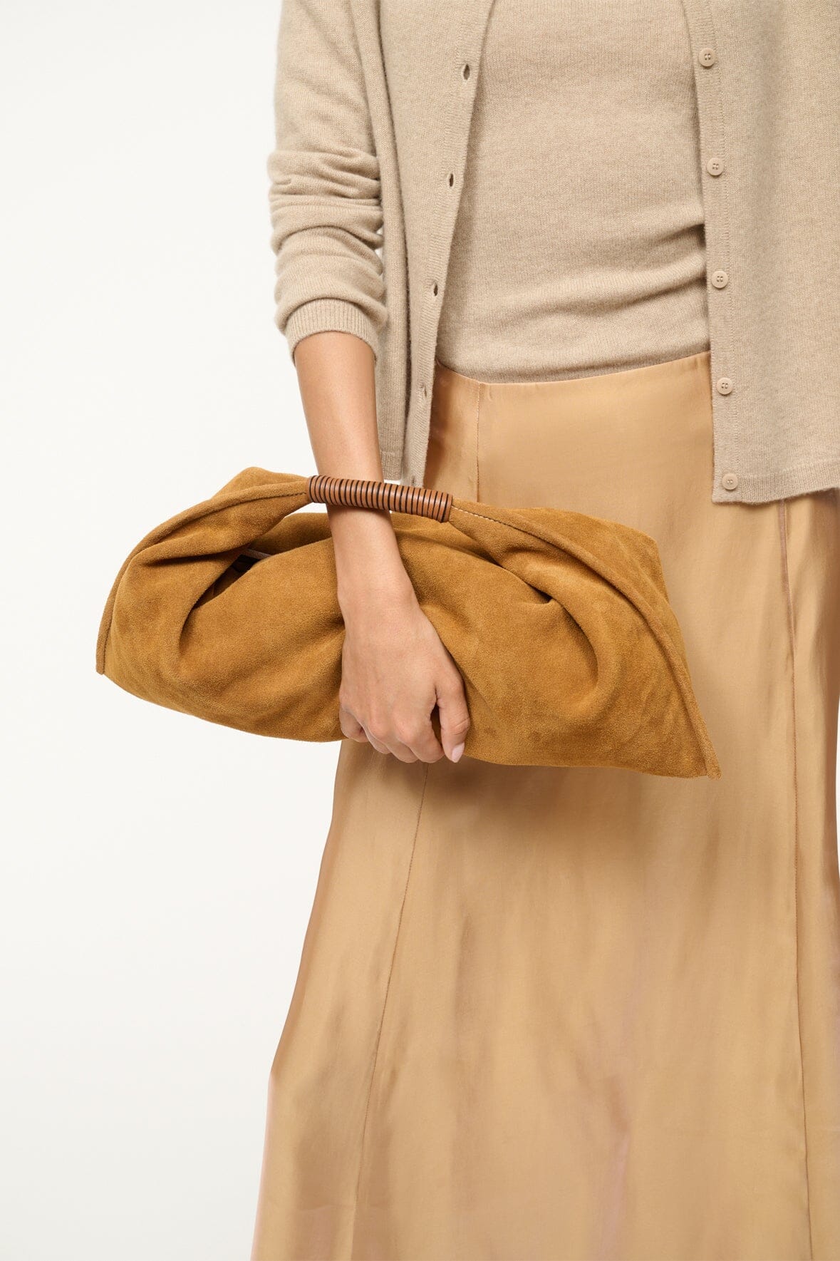 Mini Shoulder Bag in Tan Suede with Zip Closure | Mini Ronnie