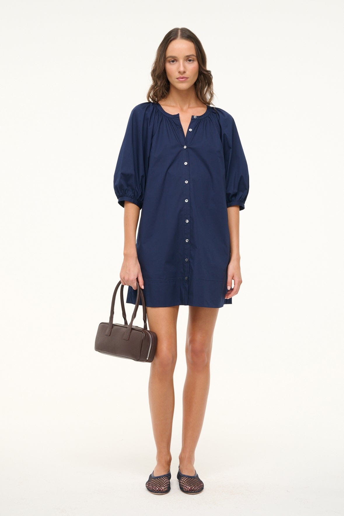 Mini Button Down Dress with Balloon Sleeves | Vincent Navy