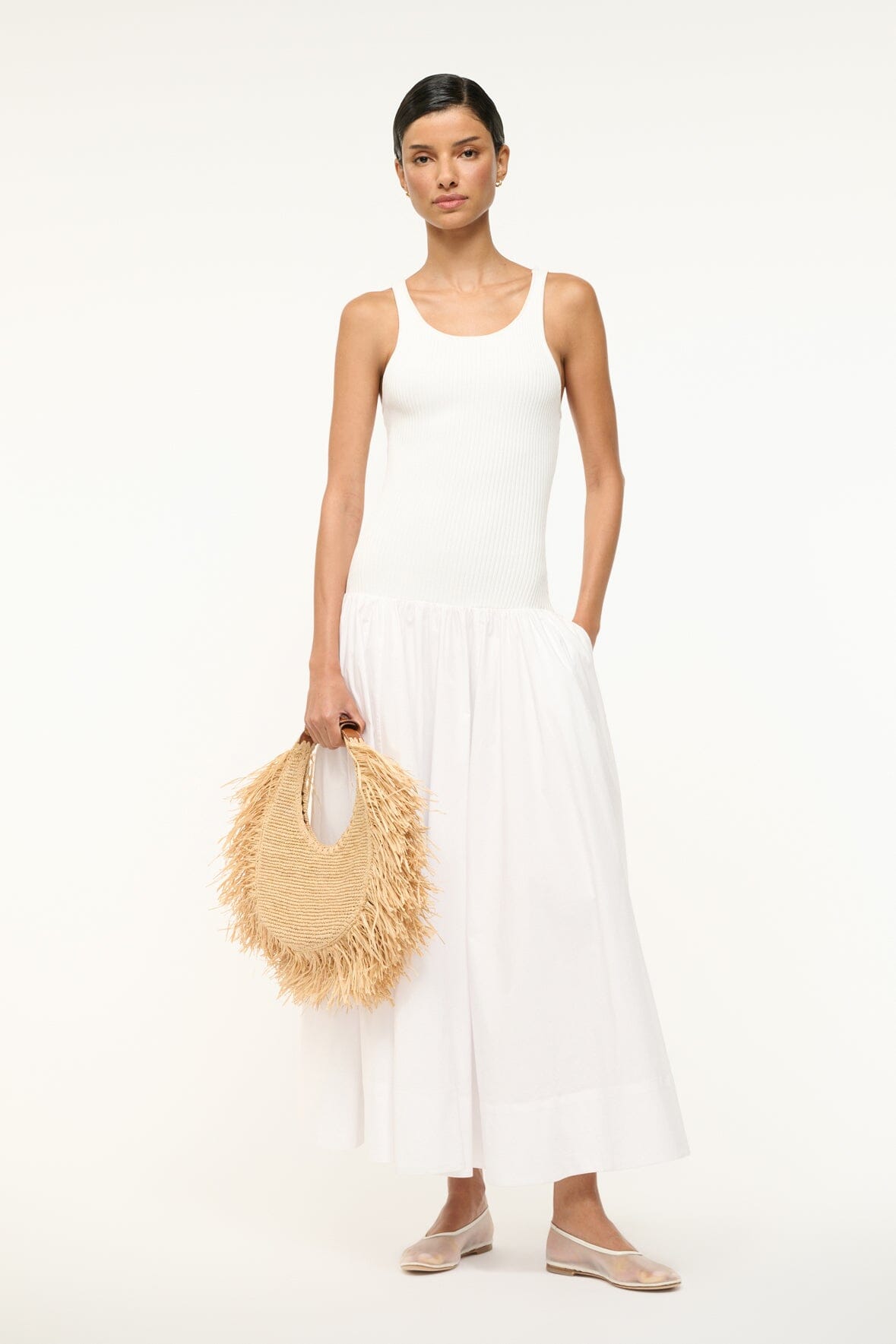 Raffia Tote Bag with Fringe Trim & Magnetic Closure | STAUD Moon
