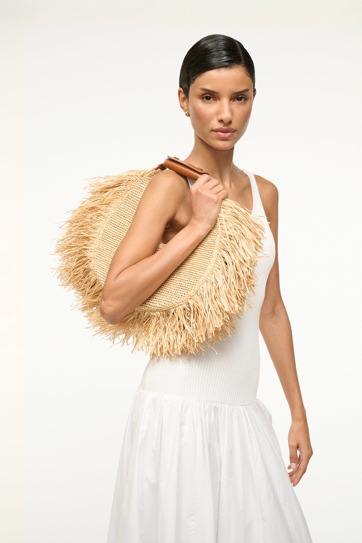Raffia Tote Bag with Fringe Trim & Magnetic Closure | STAUD Moon