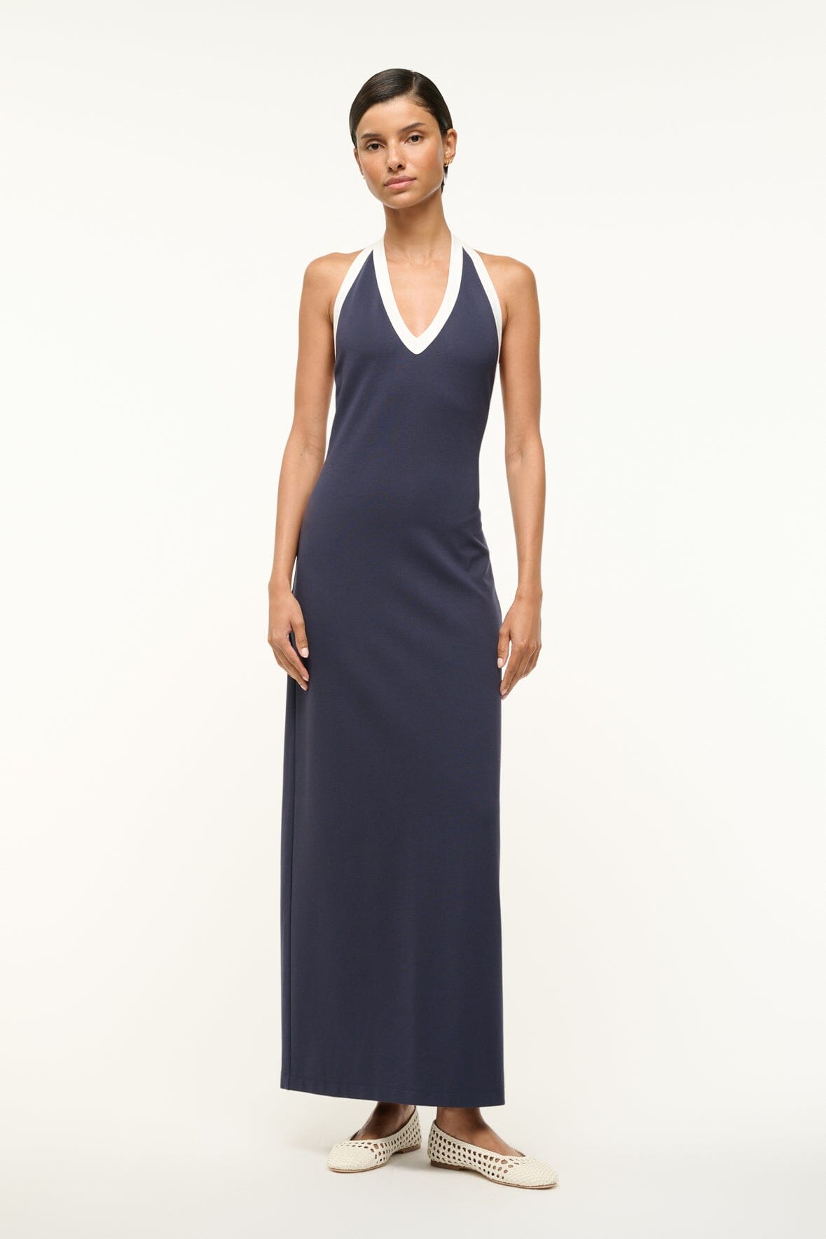Maxi Halter Dress with Low Back | Naomi Navy White
