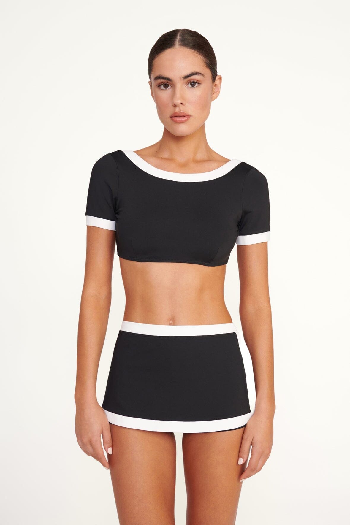High Waisted Swim Skirt with Faux Wrap | Nell Black/White