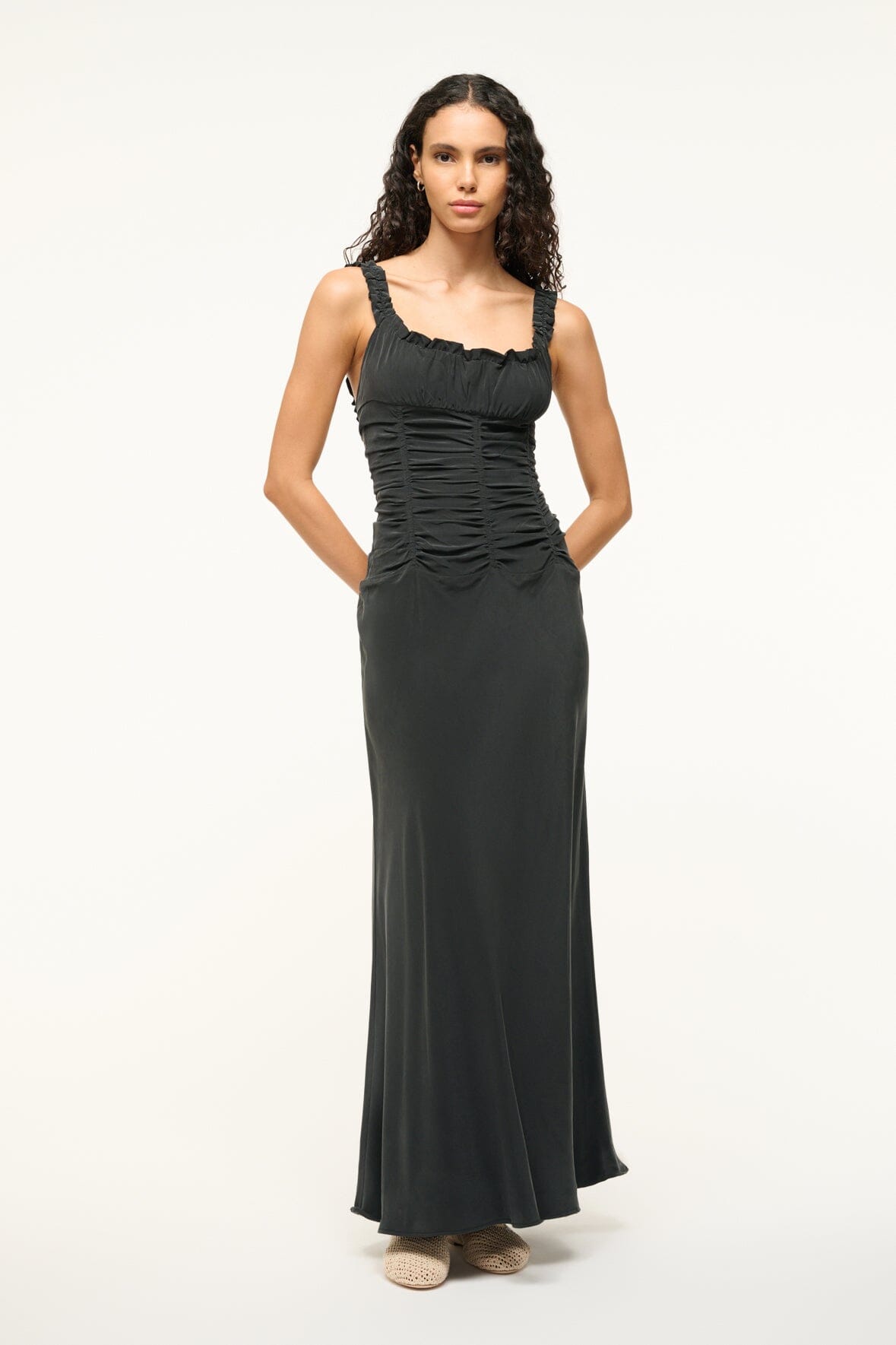 Silk Maxi Dress with Ruffled Straps & Corset Seaming | Nic Dress Black