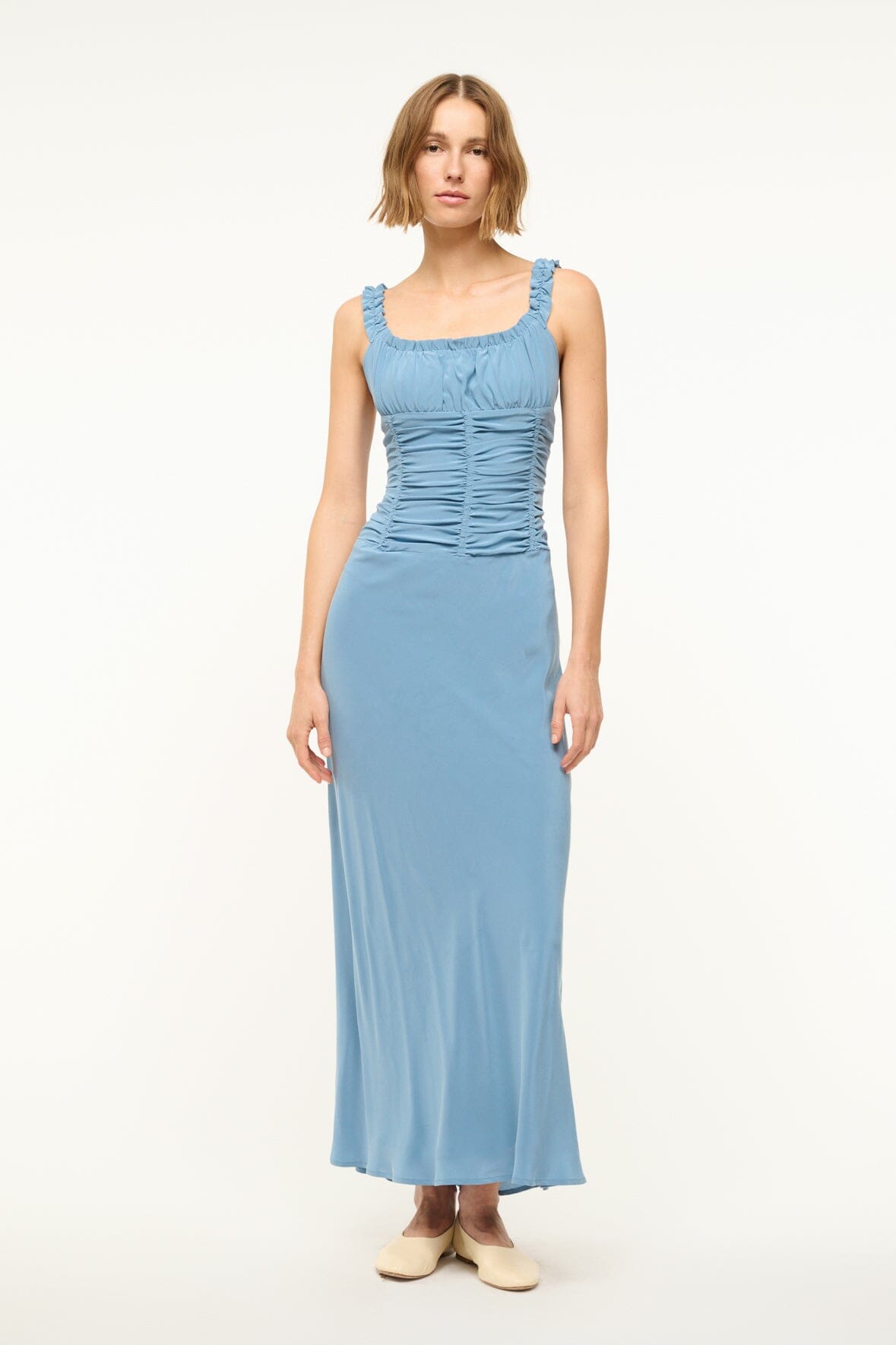 Silk Maxi Dress with Ruffled Straps & Corset Waist | Nic Slate Blue