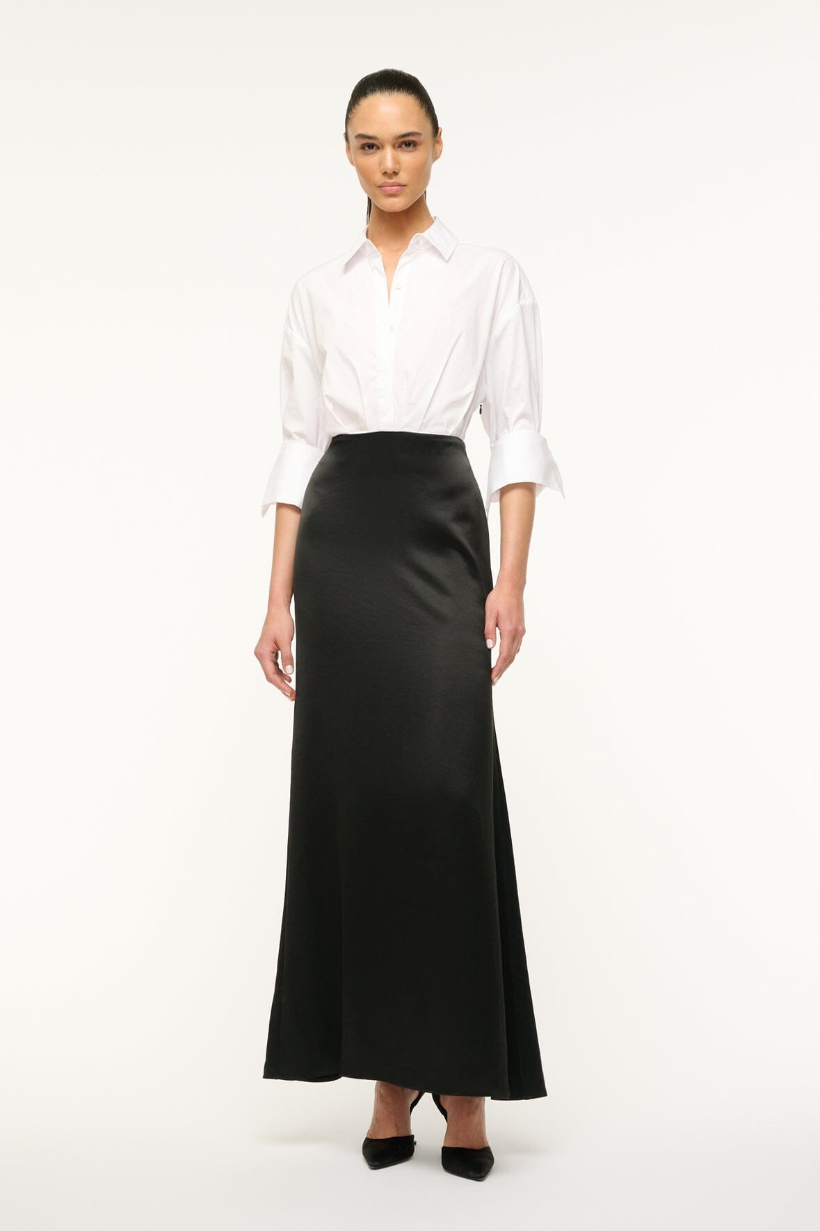 Black Maxi Dress with Shirt Bodice & Satin Skirt | Nile